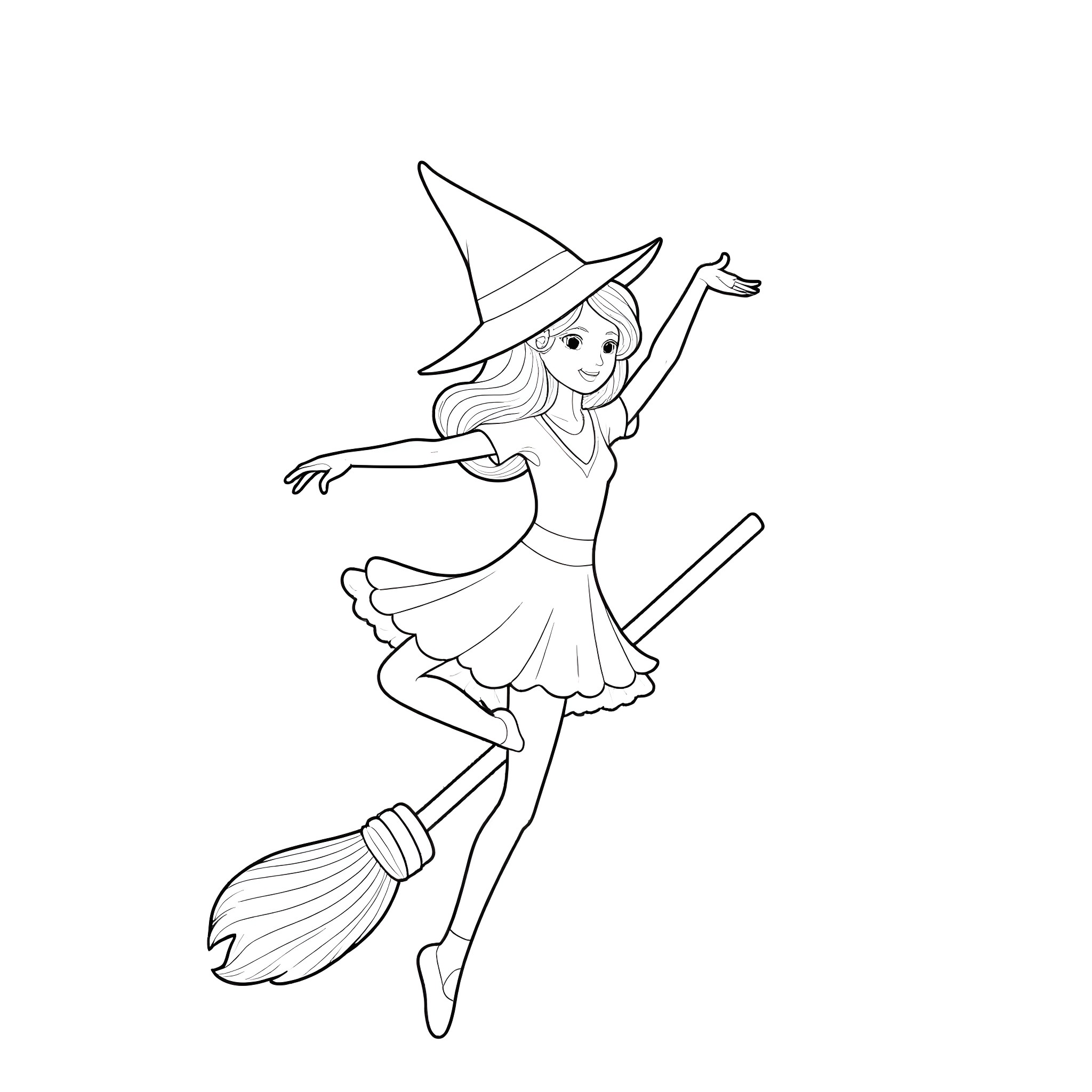 Hermione dancing gracefully on a broomstick Coloring Page (free black-and-white line drawing printable PDF for all, from beginners to advanced learners, including children, teens, adults, and seniors)