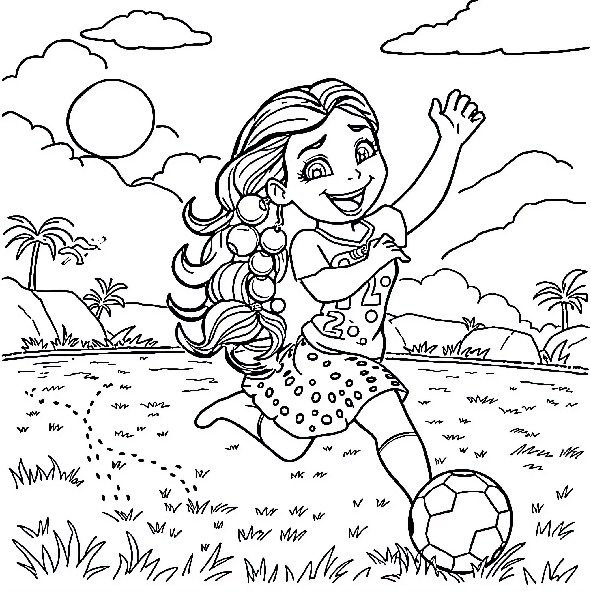 Moana playing joyfully with a soccer ball in a tropical setting Coloring Page (free black-and-white line drawing printable PDF for all, from beginners to advanced learners, including children, teens, adults, and seniors)