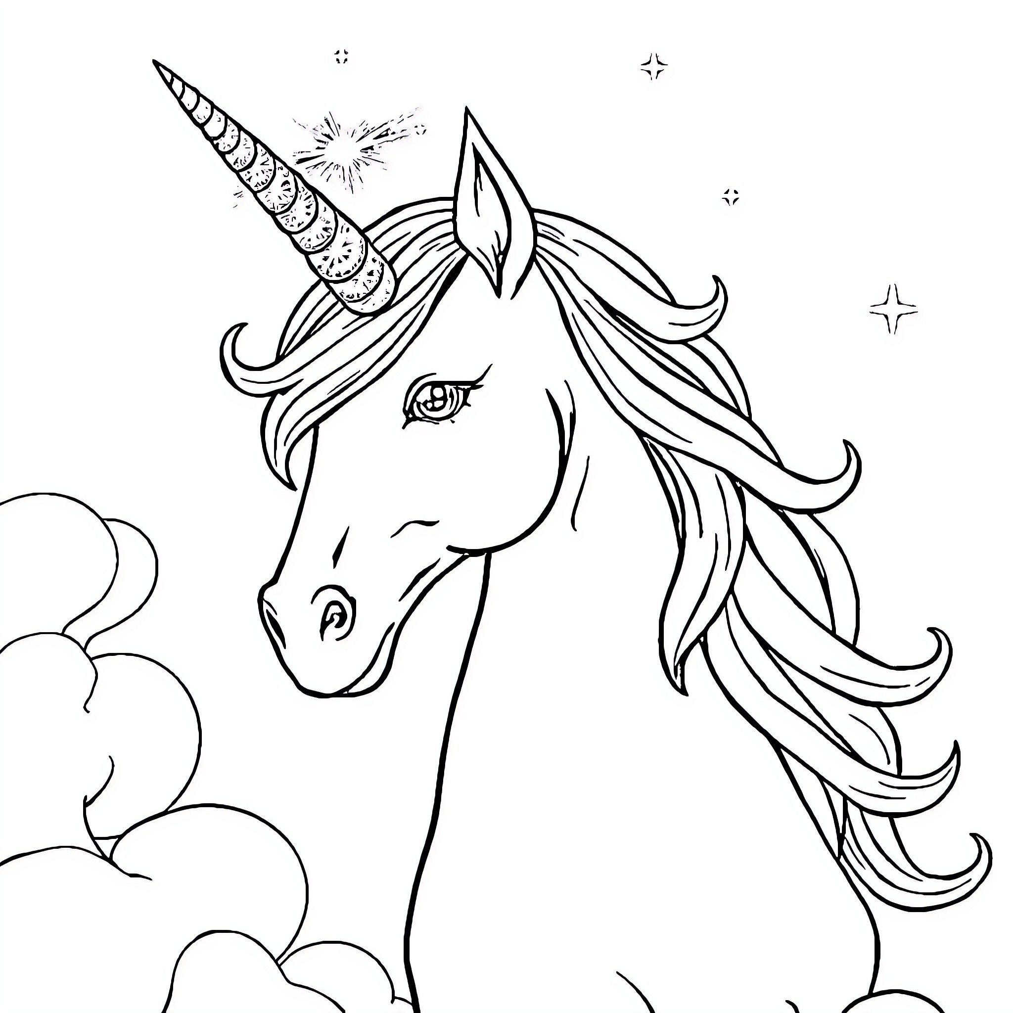 Unicorn with Shimmering Horn in Mystical Clouds Coloring Page (free black-and-white line drawing printable PDF for all, from beginners to advanced learners, including children, teens, adults, and seniors)