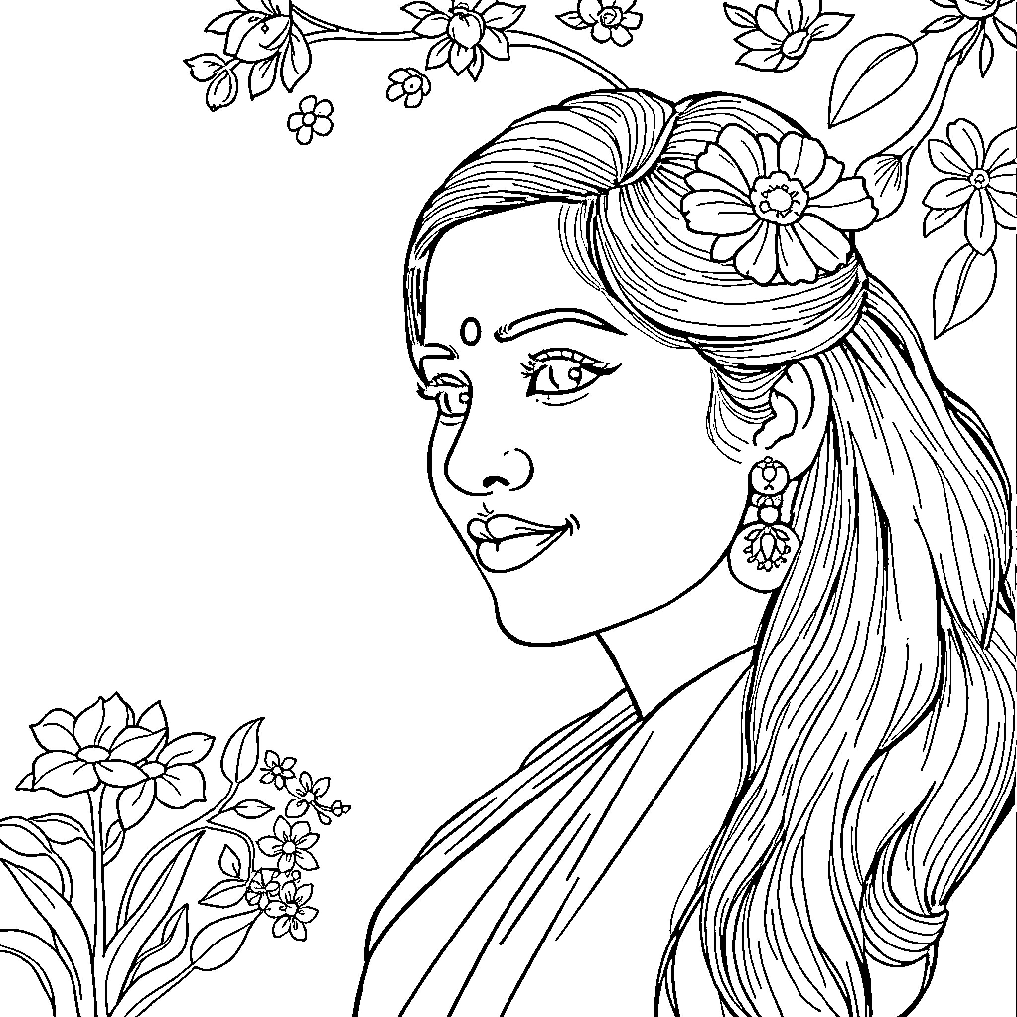 Preetha's Floral Portrait Coloring Page (free black-and-white line drawing printable PDF for all, from beginners to advanced learners, including children, teens, adults, and seniors)