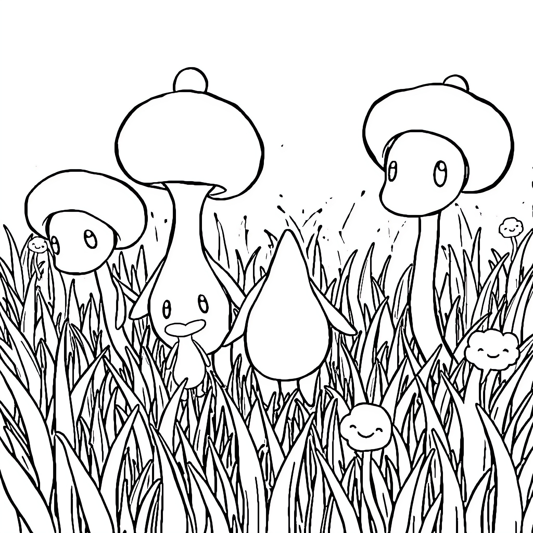Pikmin exploring the verdant meadow Coloring Page (free black-and-white line drawing printable PDF for all, from beginners to advanced learners, including children, teens, adults, and seniors)