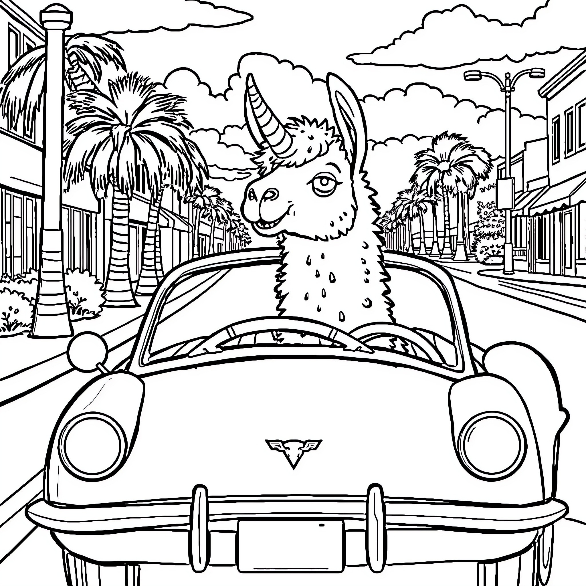 Llama driving car through tropical city scene Coloring Page (free black-and-white line drawing printable PDF for all, from beginners to advanced learners, including children, teens, adults, and seniors)
