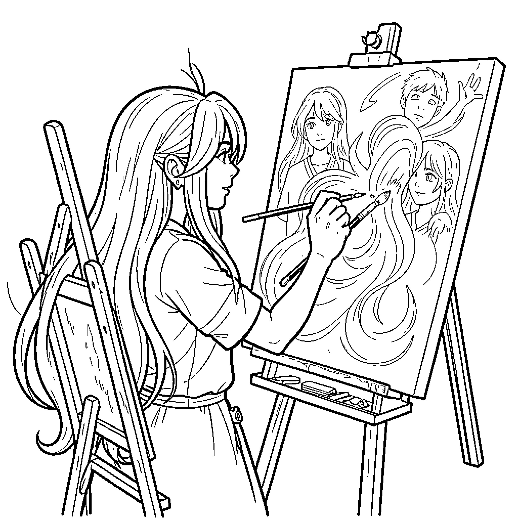 Raiponce painting a portrait of friends on a canvas Coloring Page (free black-and-white line drawing printable PDF for all, from beginners to advanced learners, including children, teens, adults, and seniors)