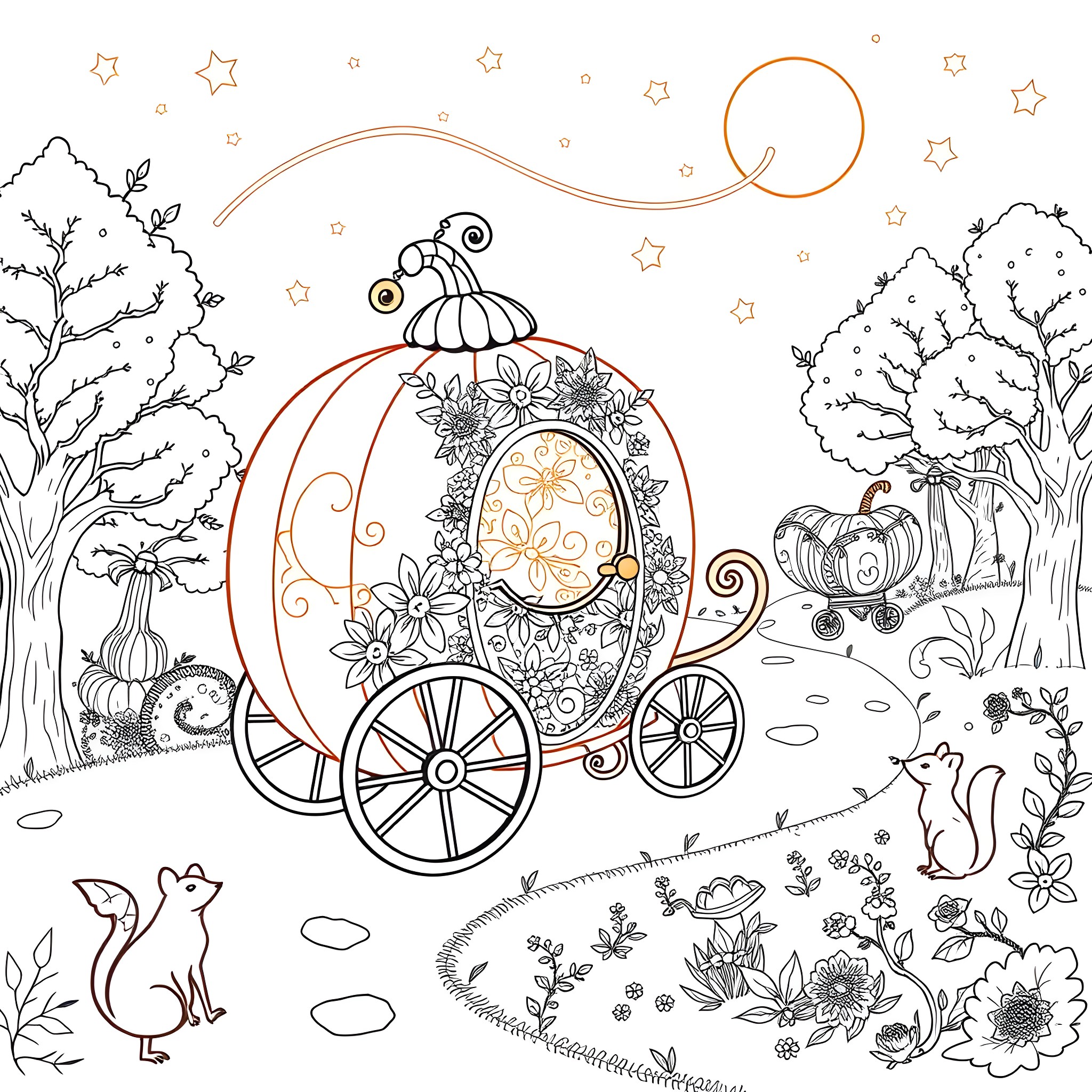 Pumpkin carriage with flowers and animals in the forest Coloring Page (free black-and-white line drawing printable PDF for all, from beginners to advanced learners, including children, teens, adults, and seniors)