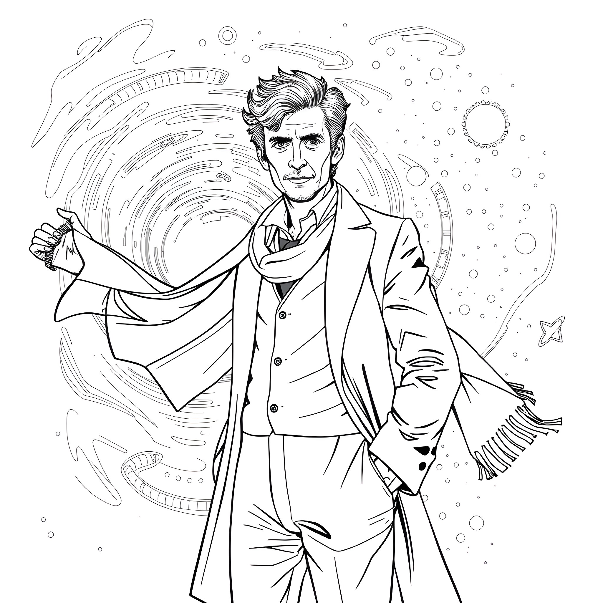 Doctor Who in a cosmic adventure Coloring Page (free black-and-white line drawing printable PDF for all, from beginners to advanced learners, including children, teens, adults, and seniors)