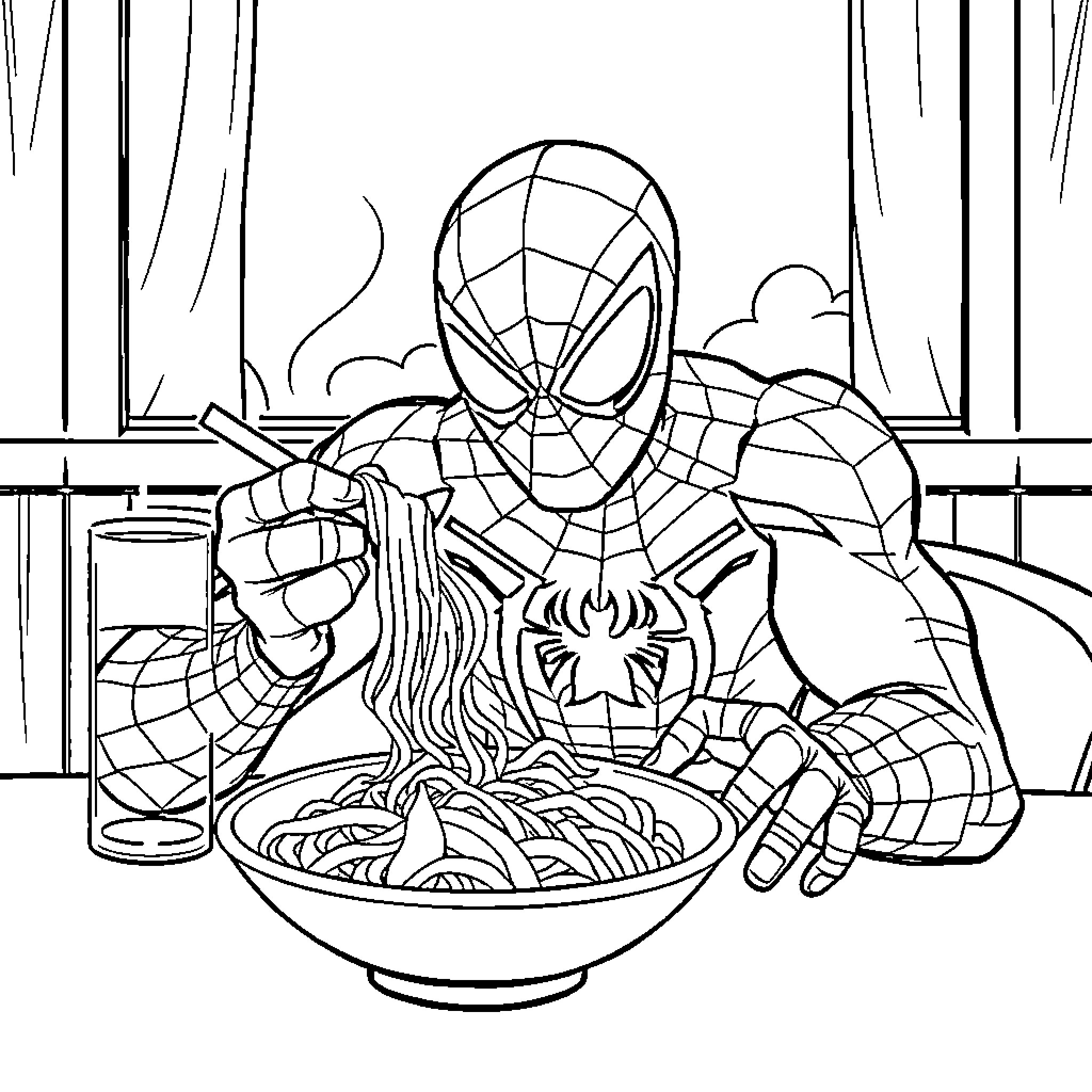 Spiderman enjoying a hearty meal in his lair Coloring Page (free black-and-white line drawing printable PDF for all, from beginners to advanced learners, including children, teens, adults, and seniors)