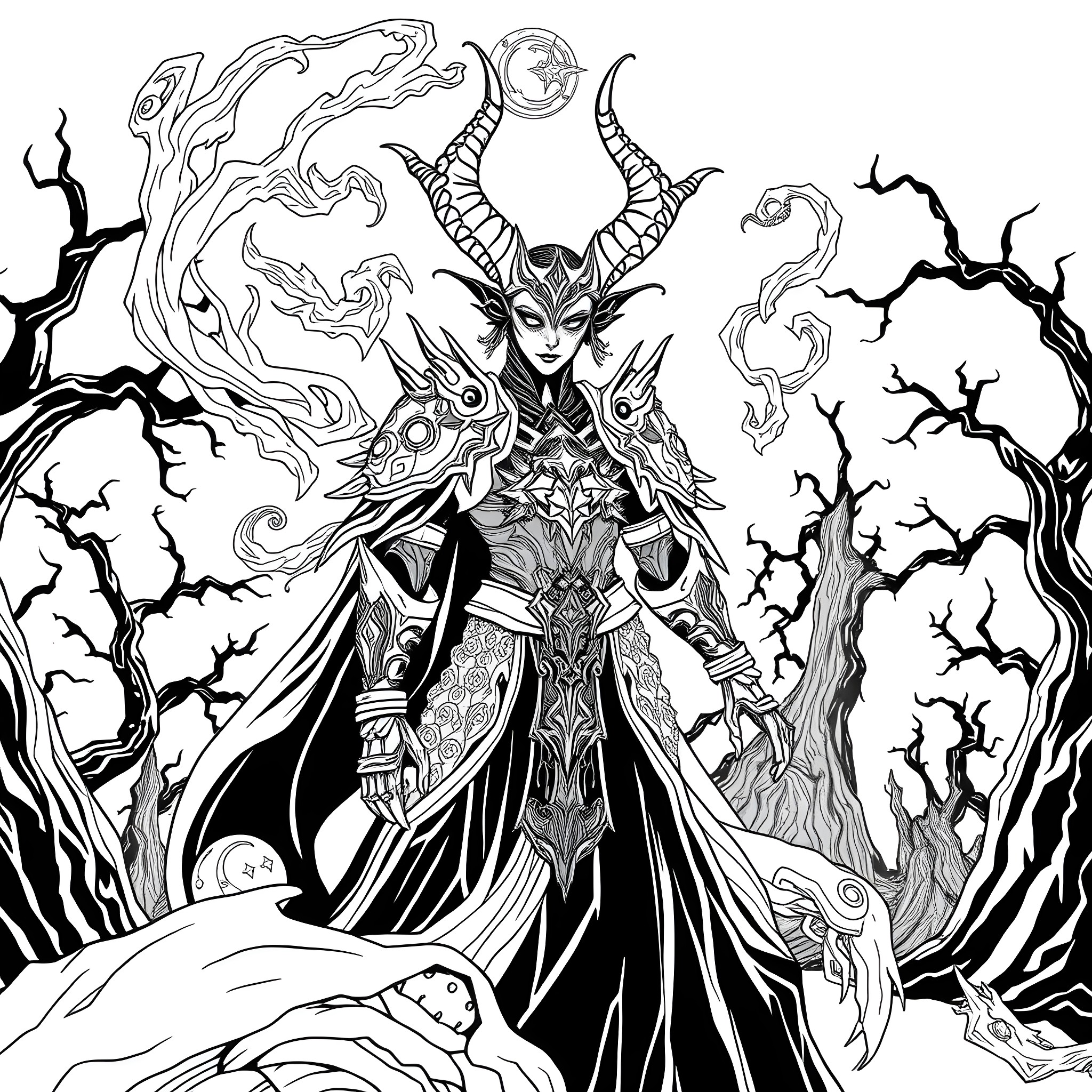 Daedric Overlord's Sinister Dominion Coloring Page (free black-and-white line drawing printable PDF for all, from beginners to advanced learners, including children, teens, adults, and seniors)
