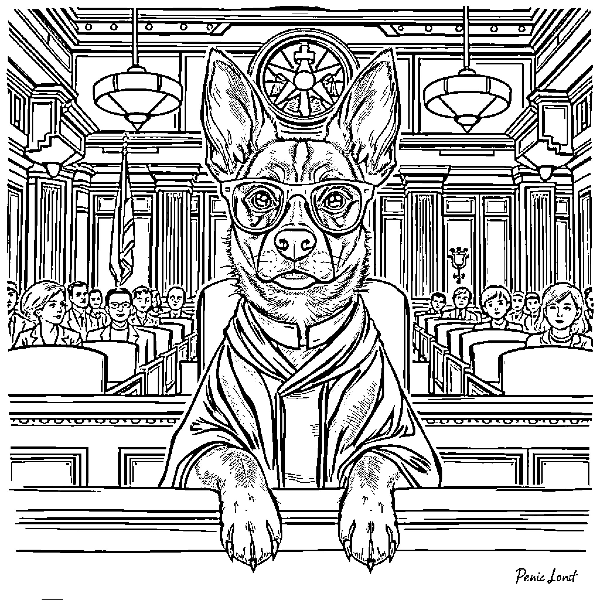 Blue Heeler in Formal Attire at a Courthouse Coloring Page (free black-and-white line drawing printable PDF for all, from beginners to advanced learners, including children, teens, adults, and seniors)