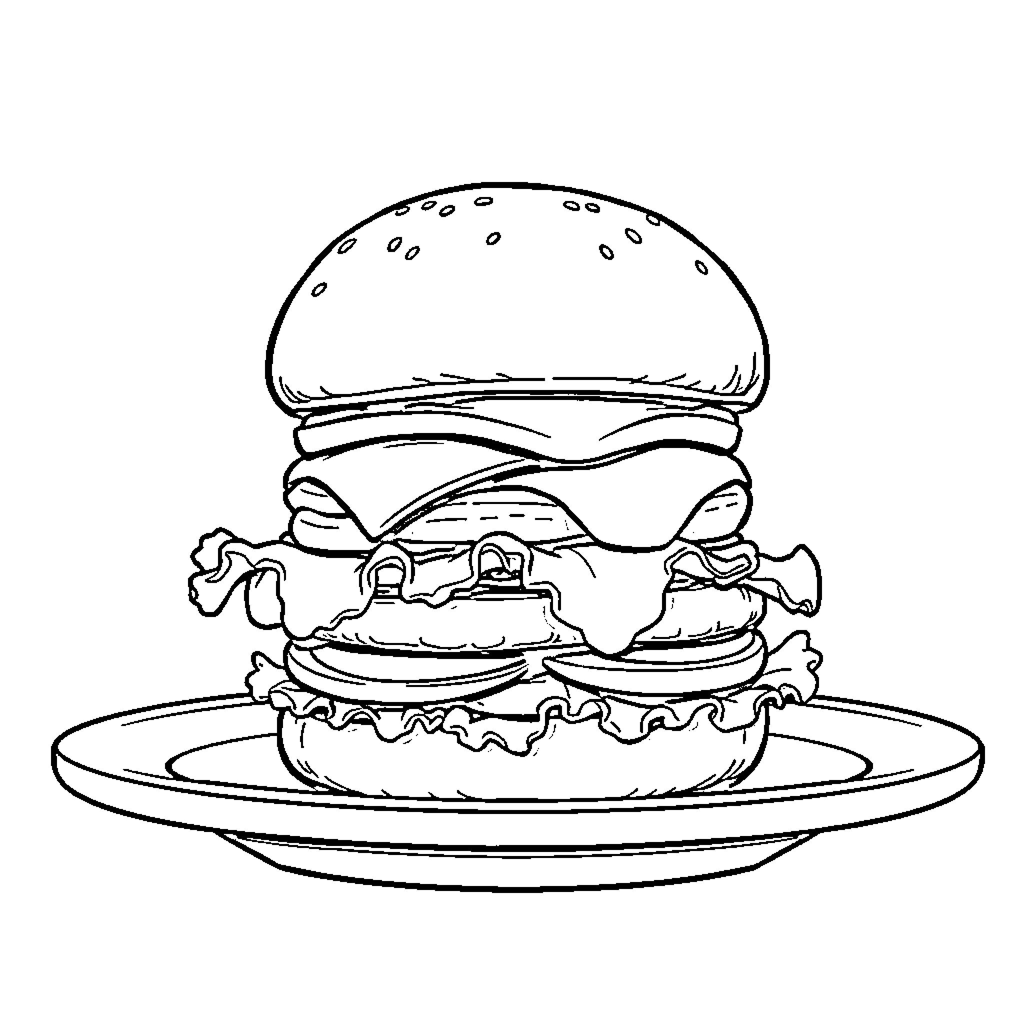 Whopper burger served on a plate Coloring Page (free black-and-white line drawing printable PDF for all, from beginners to advanced learners, including children, teens, adults, and seniors)