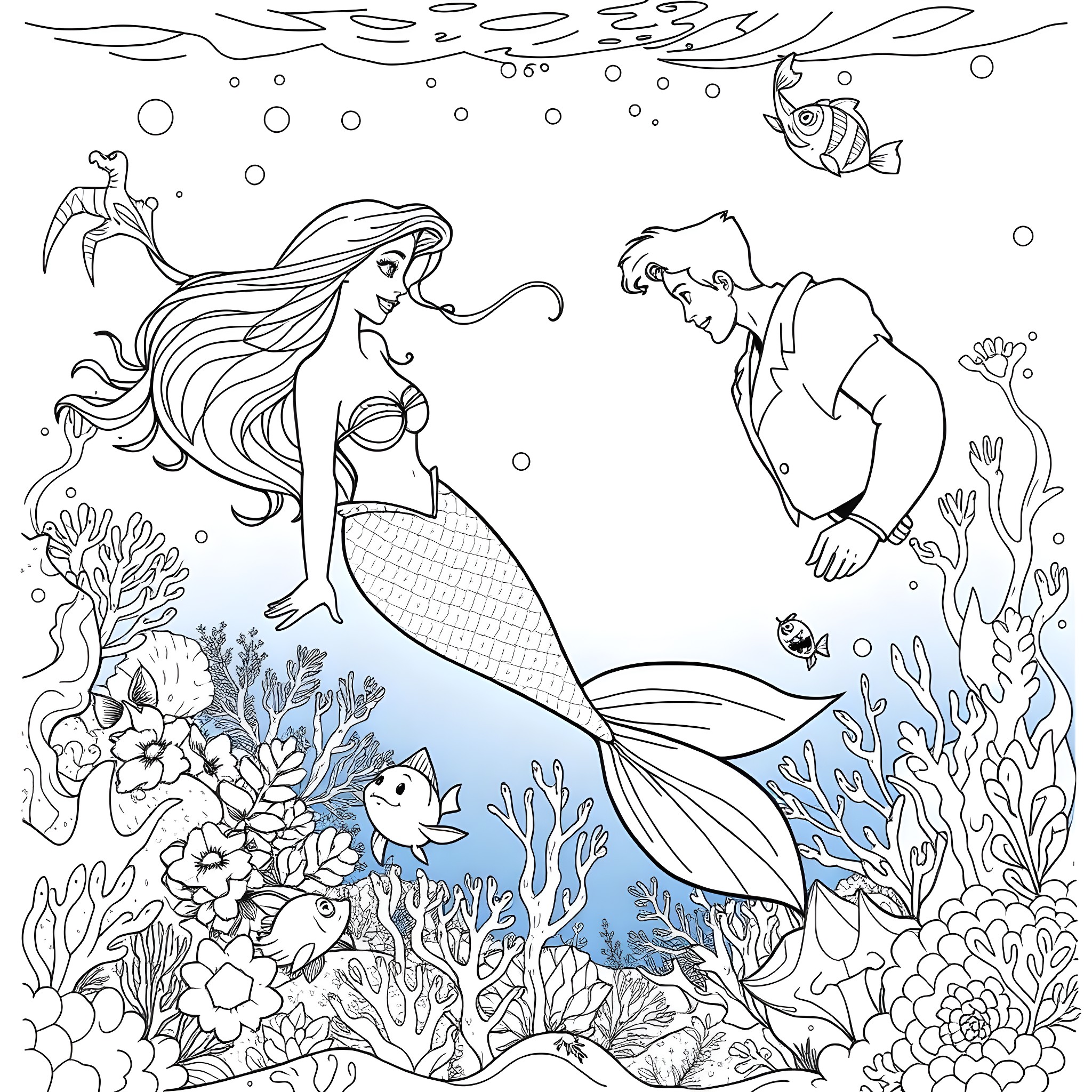 Mermaid explores the wondrous underwater world Coloring Page (free black-and-white line drawing printable PDF for all, from beginners to advanced learners, including children, teens, adults, and seniors)