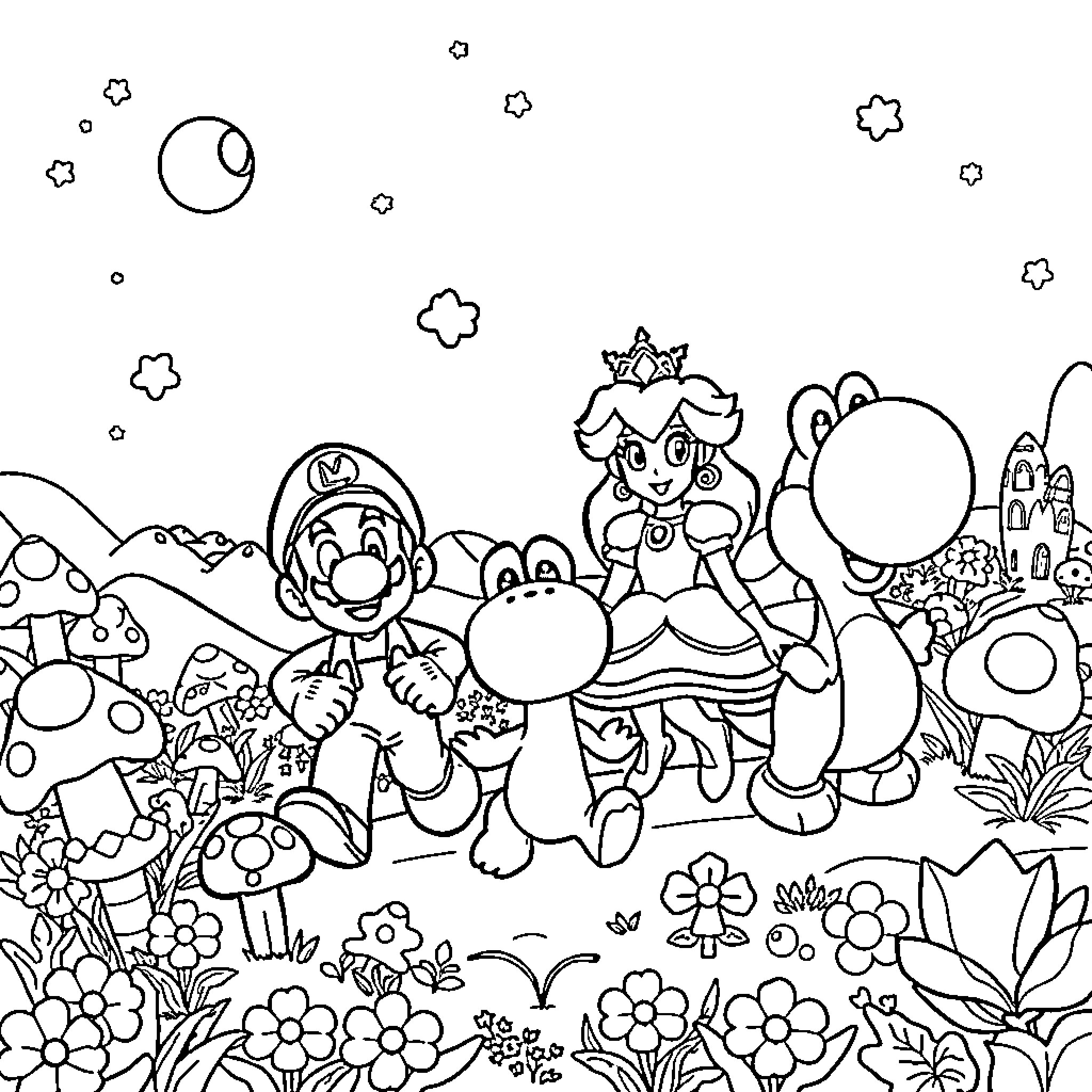 Mario's Whimsical Adventure in the Magical Mushroom Kingdom Coloring Page (free black-and-white line drawing printable PDF for all, from beginners to advanced learners, including children, teens, adults, and seniors)