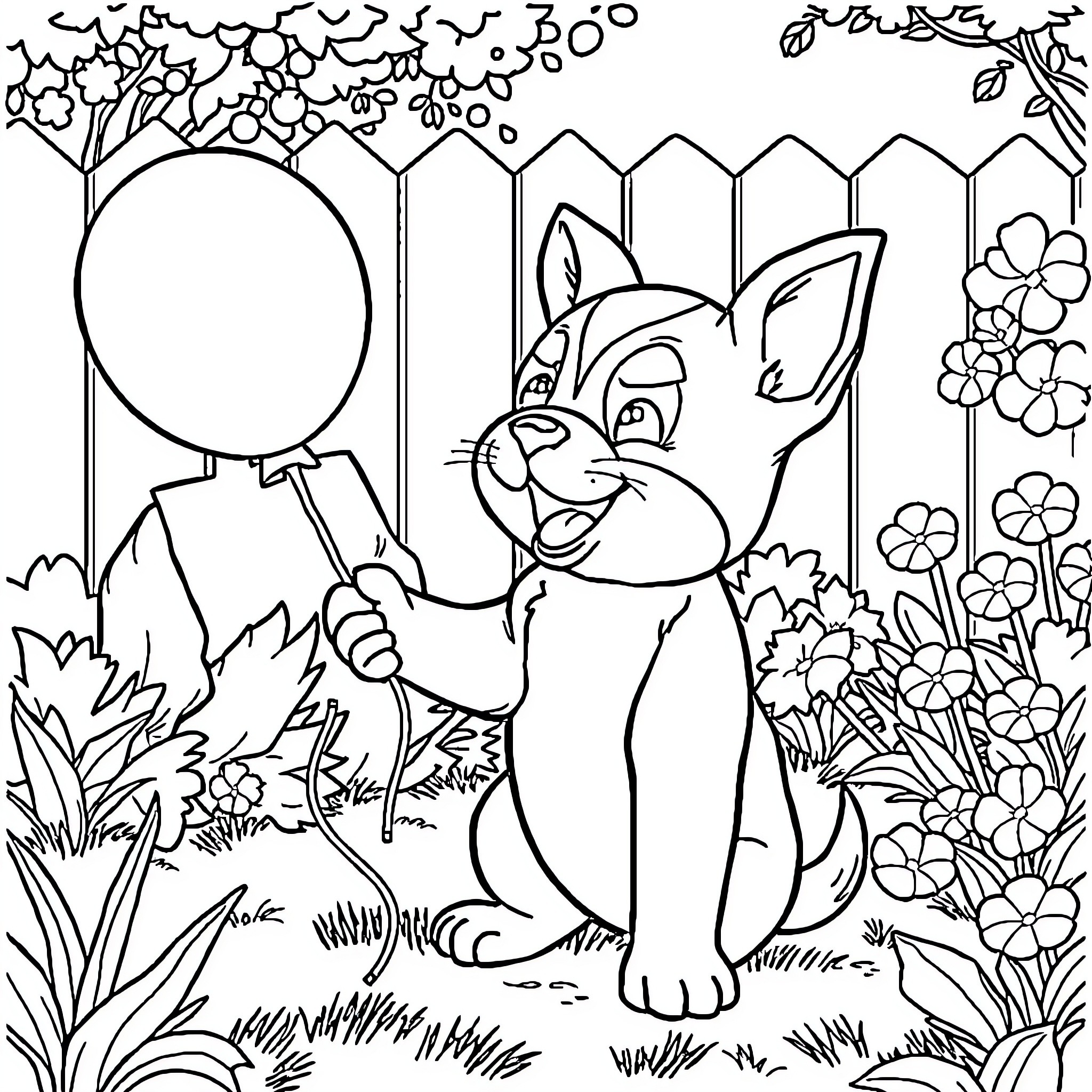 French Bulldog playing with magnifying glass in the garden Coloring Page (free black-and-white line drawing printable PDF for all, from beginners to advanced learners, including children, teens, adults, and seniors)