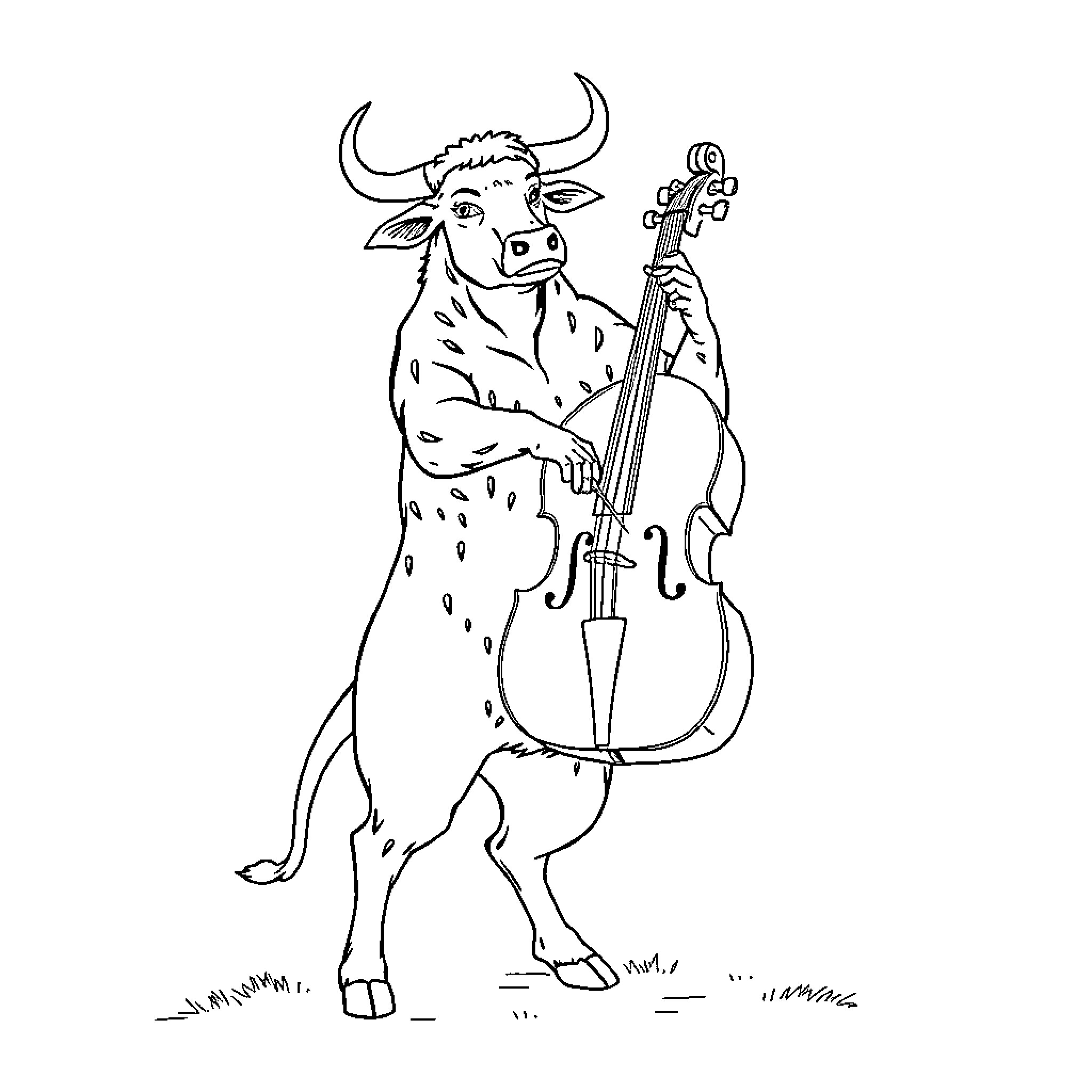 Bull playing a musical instrument Coloring Page (free black-and-white line drawing printable PDF for all, from beginners to advanced learners, including children, teens, adults, and seniors)