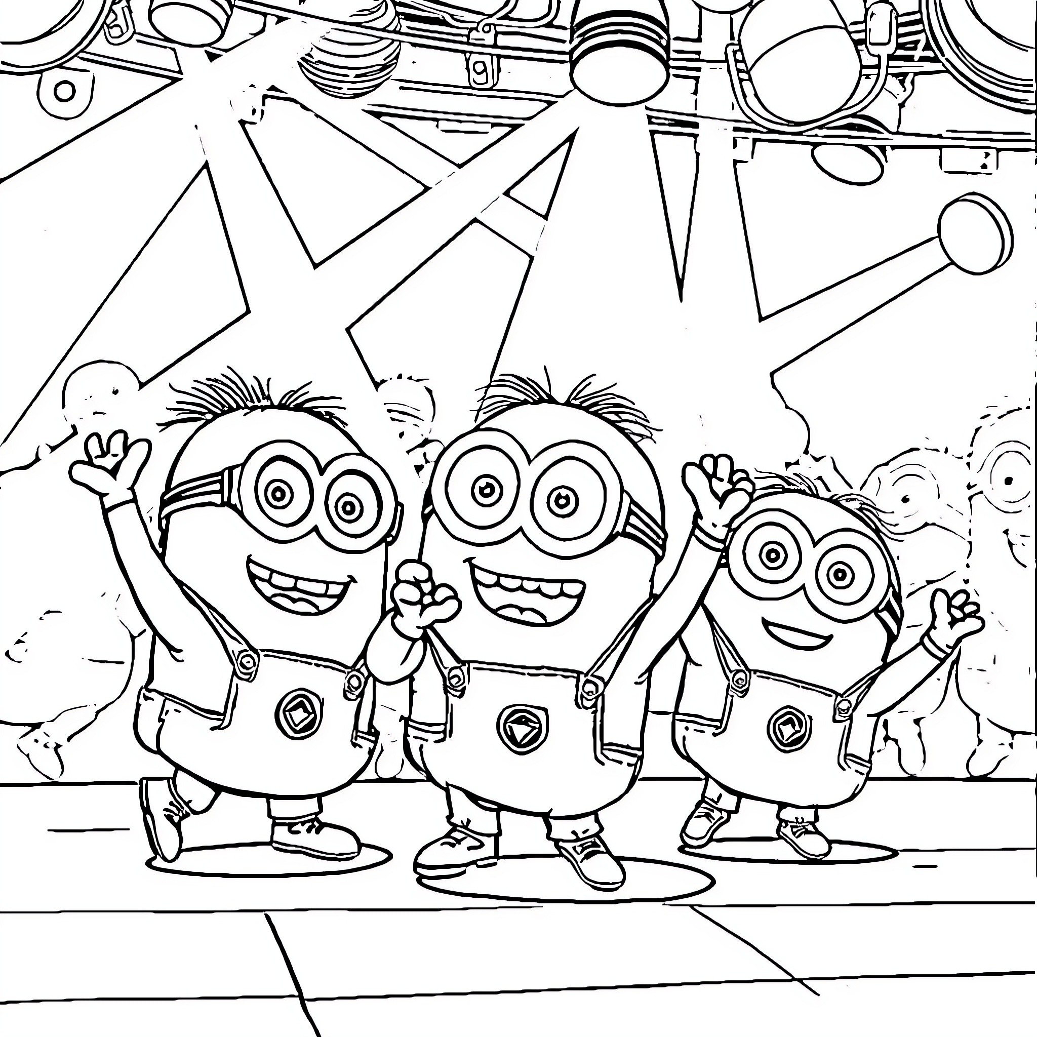 Minions Celebrating and Cheering Happily Coloring Page (free black-and-white line drawing printable PDF for all, from beginners to advanced learners, including children, teens, adults, and seniors)