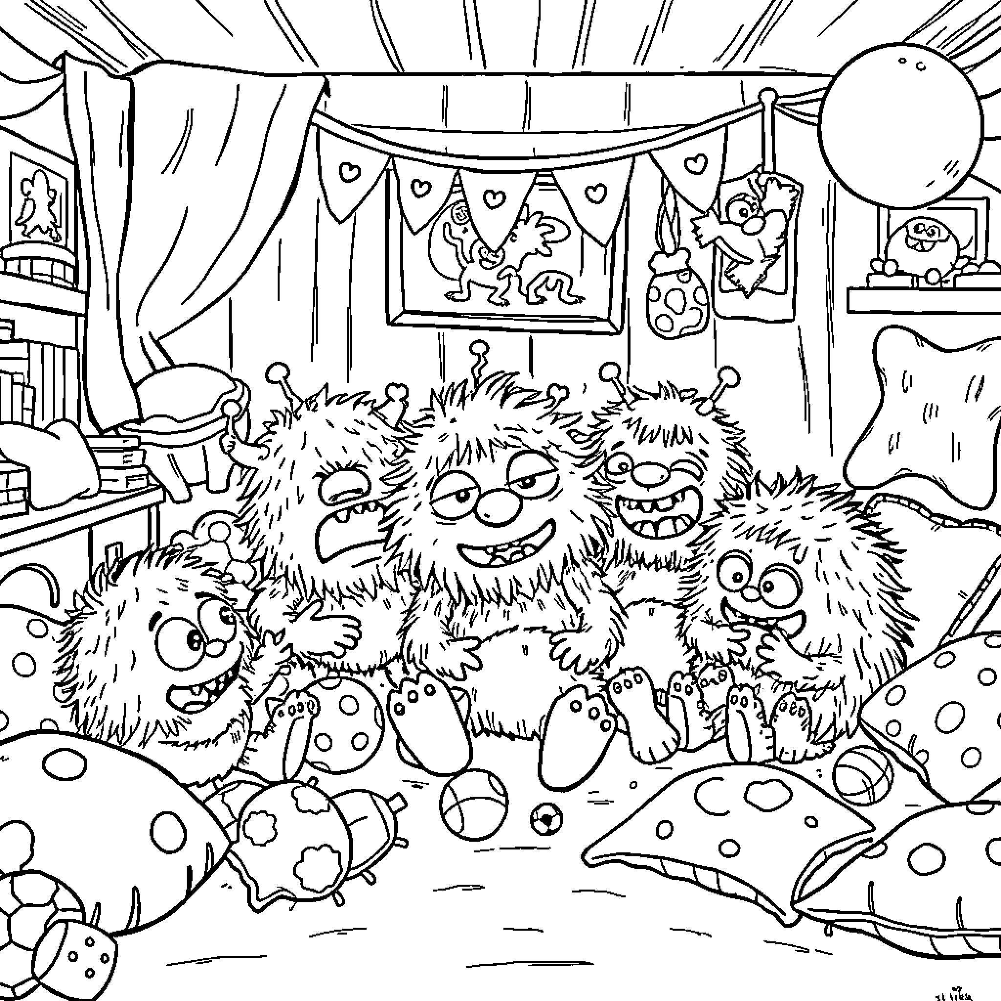 Monster family celebration with fun decorations Coloring Page (free black-and-white line drawing printable PDF for all, from beginners to advanced learners, including children, teens, adults, and seniors)