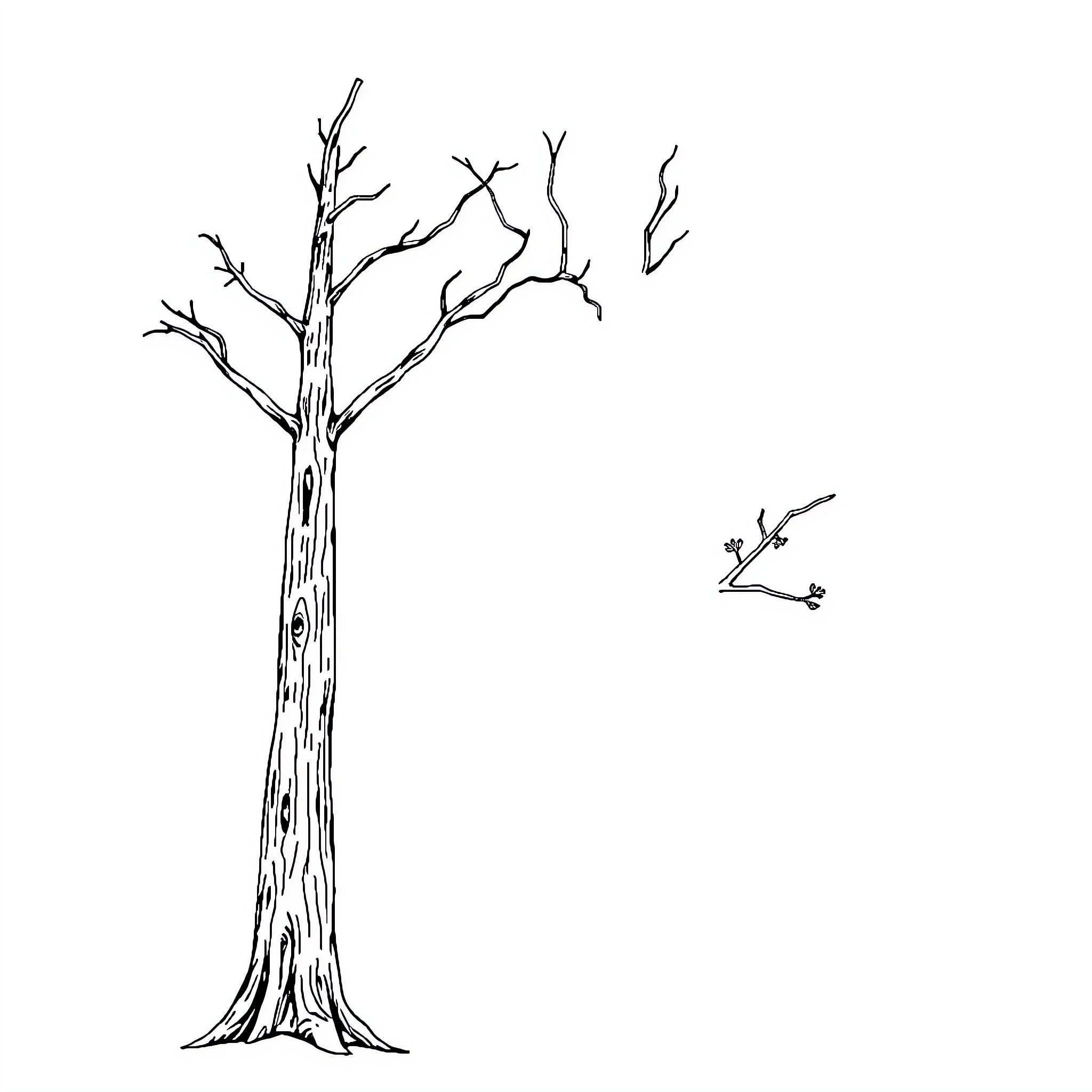Tree with Bare Branches and Silhouetted Bird Coloring Page (free black-and-white line drawing printable PDF for all, from beginners to advanced learners, including children, teens, adults, and seniors)