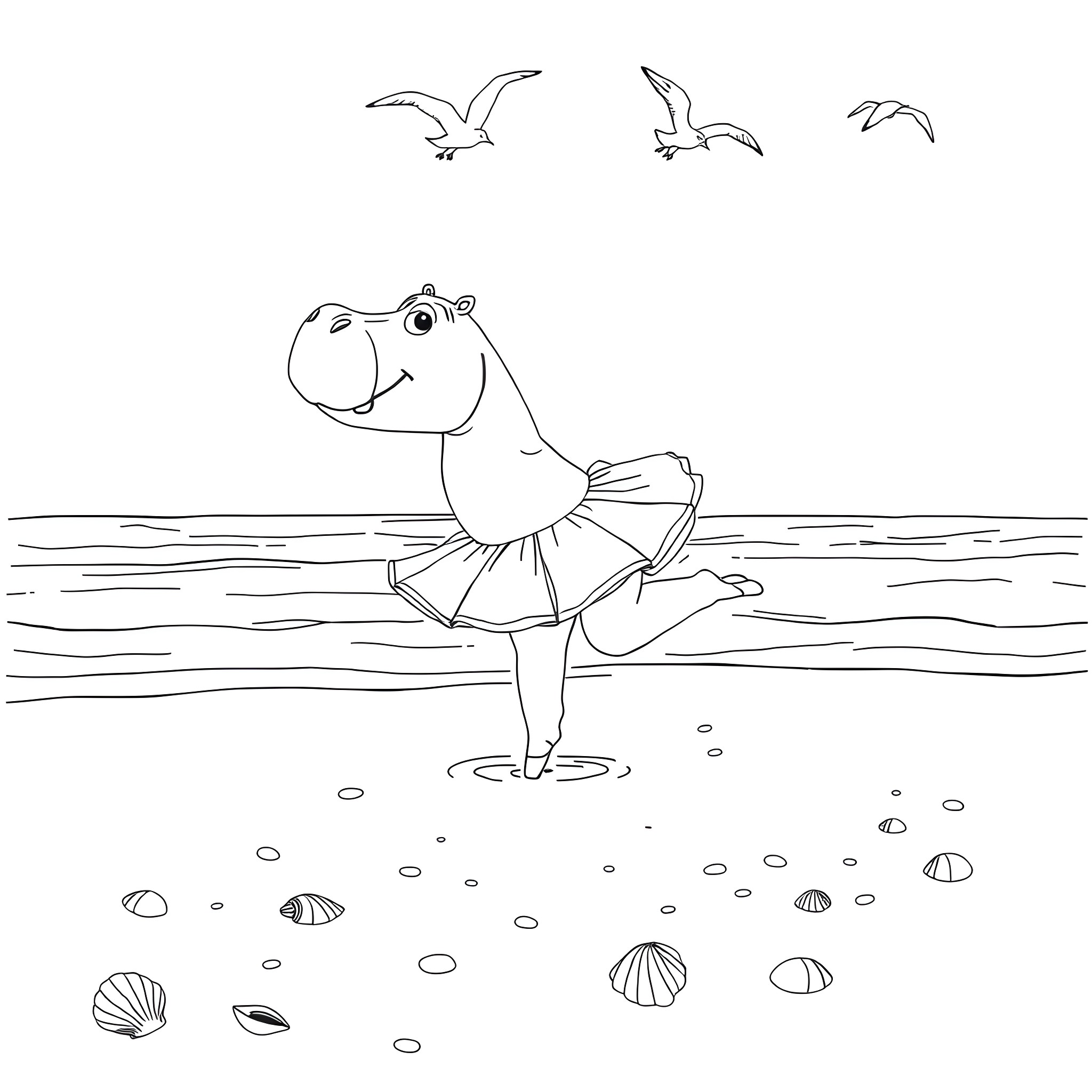 Hippo dancing in the ocean with seagulls Coloring Page (free black-and-white line drawing printable PDF for all, from beginners to advanced learners, including children, teens, adults, and seniors)