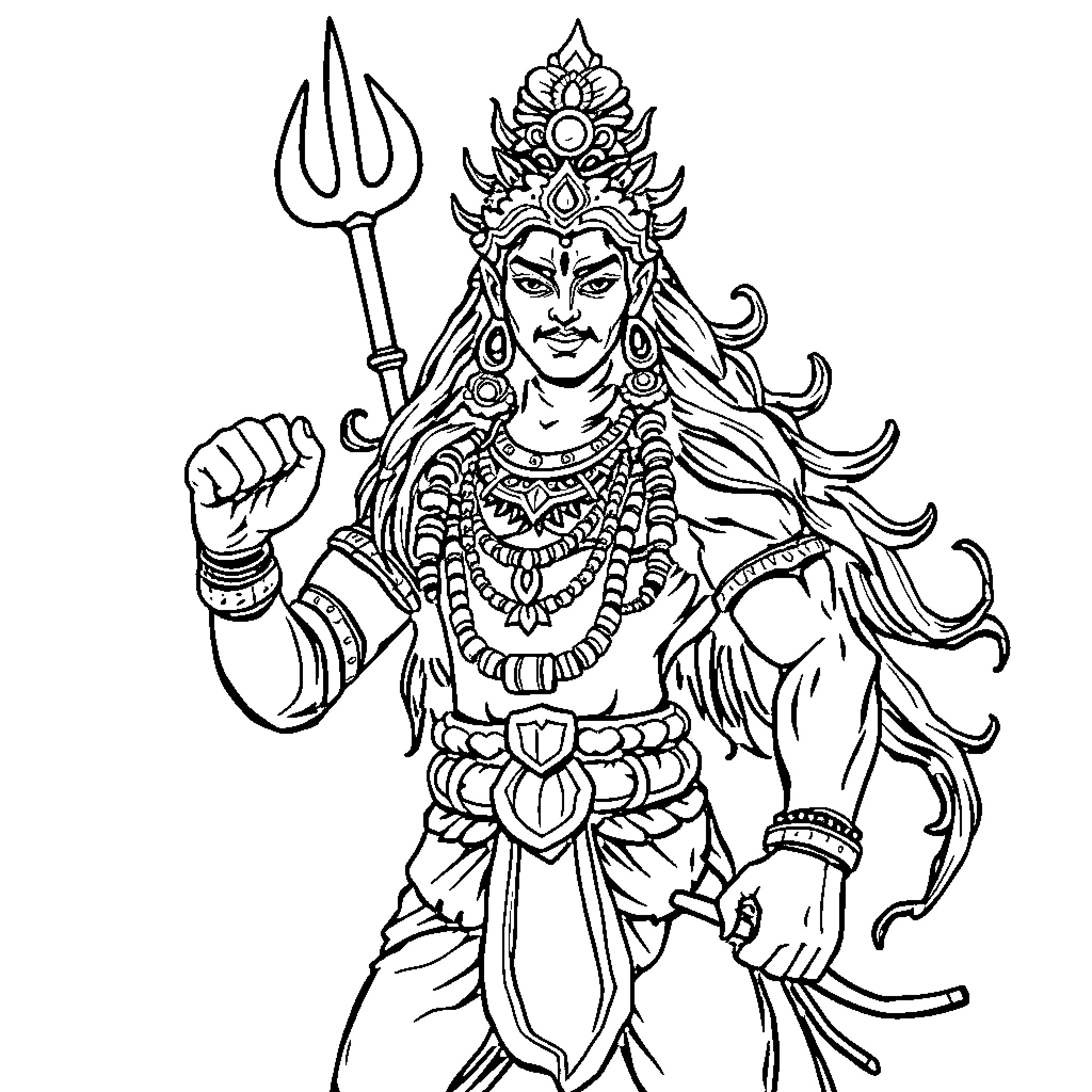 Rudra, the Powerful Deity with Trident and Ornate Attire Coloring Page (free black-and-white line drawing printable PDF for all, from beginners to advanced learners, including children, teens, adults, and seniors)