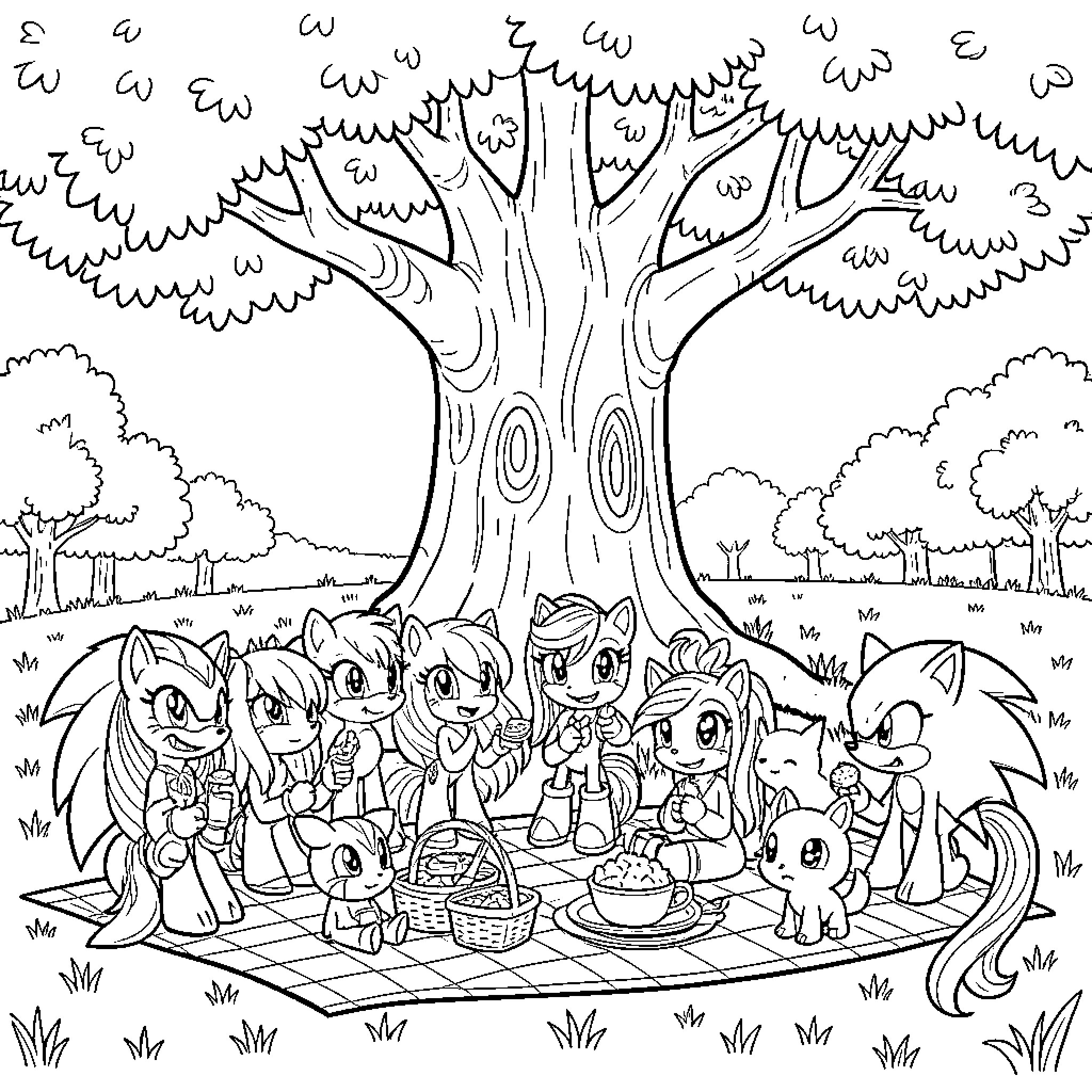 Characters enjoying a picnic under a large tree Coloring Page (free black-and-white line drawing printable PDF for all, from beginners to advanced learners, including children, teens, adults, and seniors)