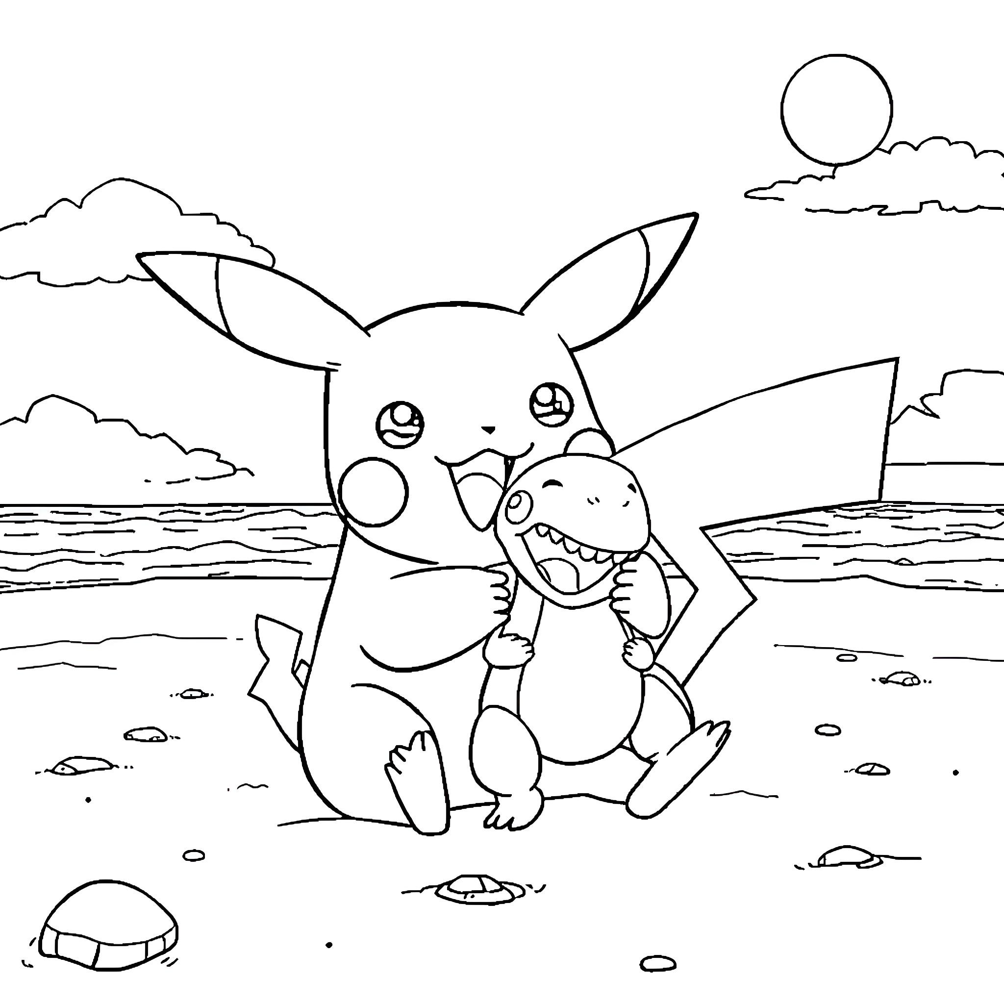 Pikachu playing with Squirtle on the beach Coloring Page (free black-and-white line drawing printable PDF for all, from beginners to advanced learners, including children, teens, adults, and seniors)
