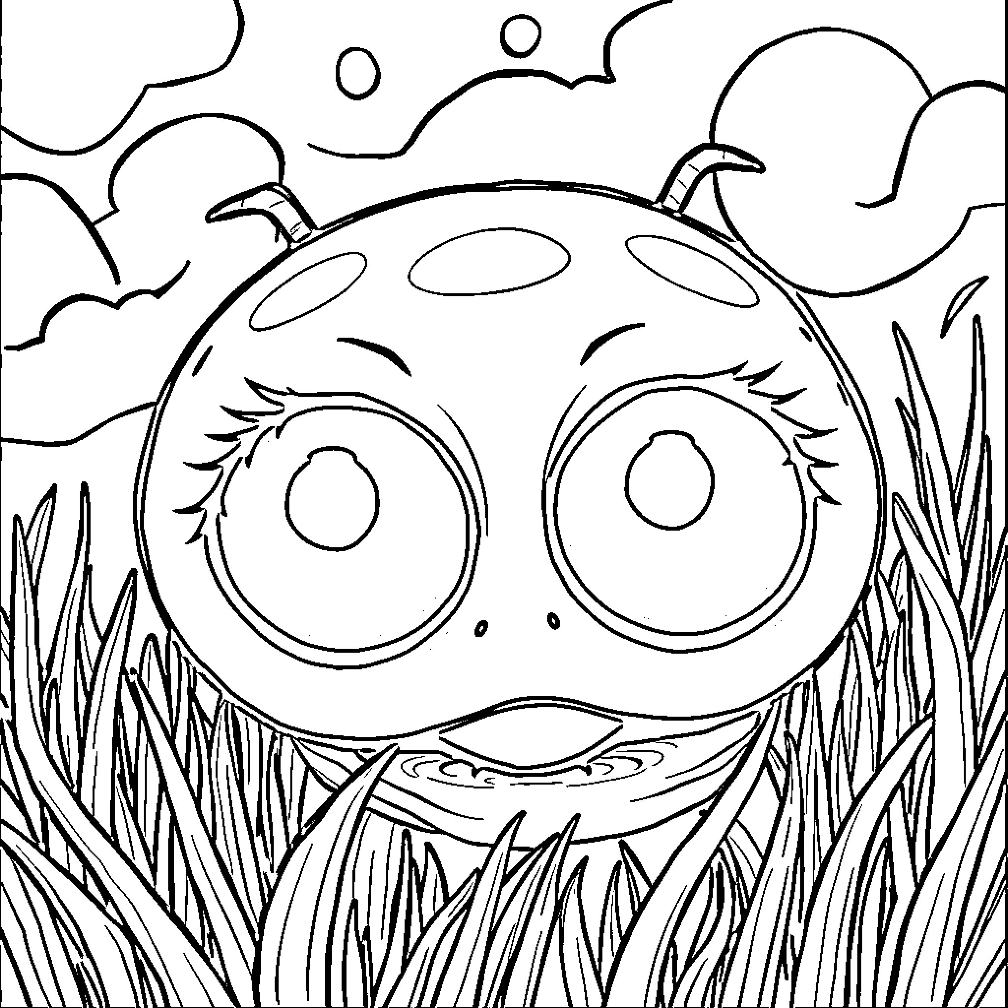 Googly Eye Monster Lurking in the Grass Coloring Page (free black-and-white line drawing printable PDF for all, from beginners to advanced learners, including children, teens, adults, and seniors)