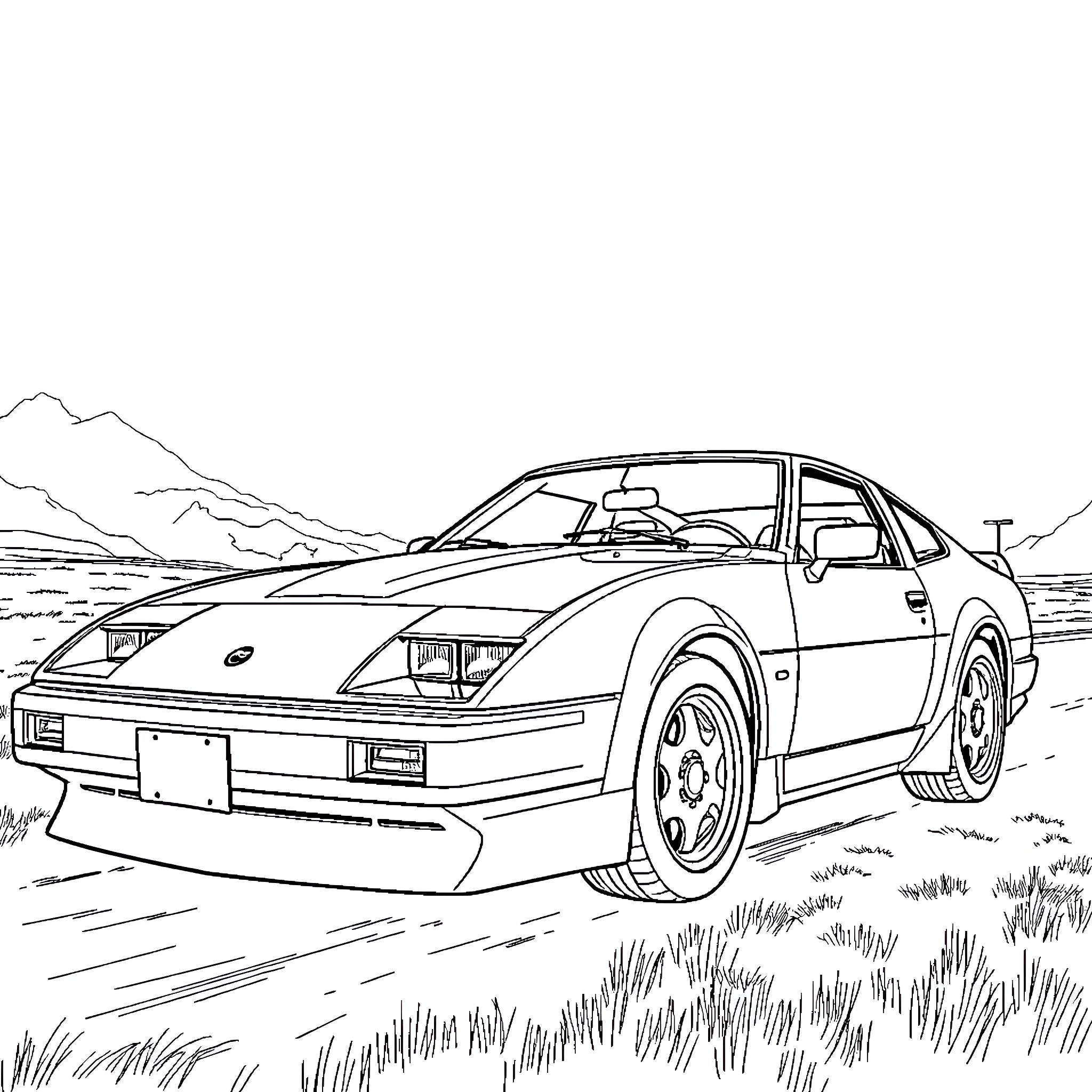 300zx Coupe Parked in Desert Landscape Coloring Page (free black-and-white line drawing printable PDF for all, from beginners to advanced learners, including children, teens, adults, and seniors)