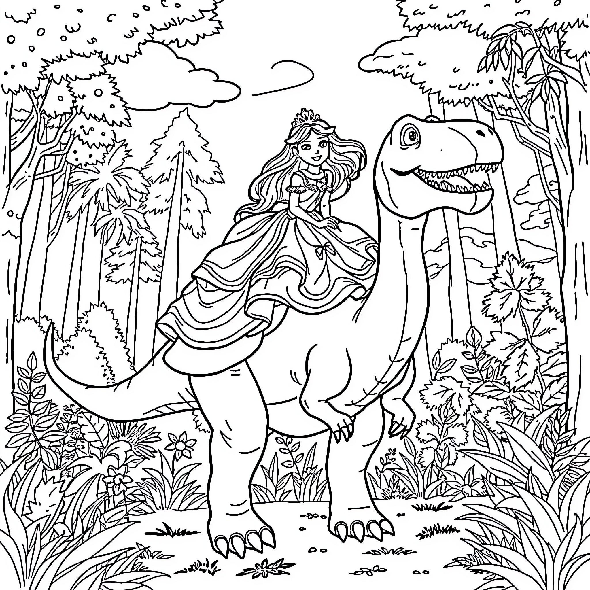 Princess adventures with a friendly dinosaur in the forest Coloring Page (free black-and-white line drawing printable PDF for all, from beginners to advanced learners, including children, teens, adults, and seniors)