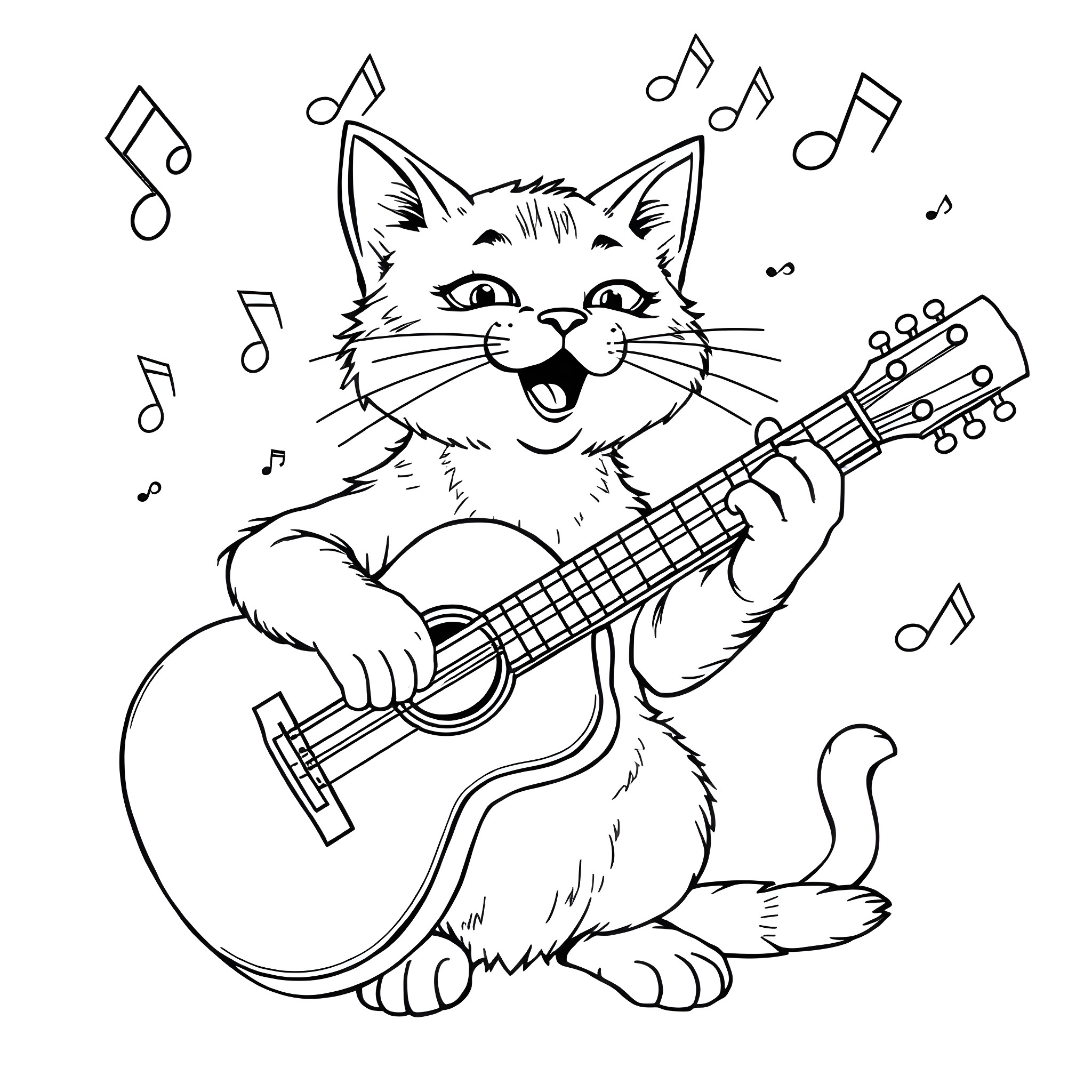 Cat playing guitar and singing among music notes Coloring Page (free black-and-white line drawing printable PDF for all, from beginners to advanced learners, including children, teens, adults, and seniors)