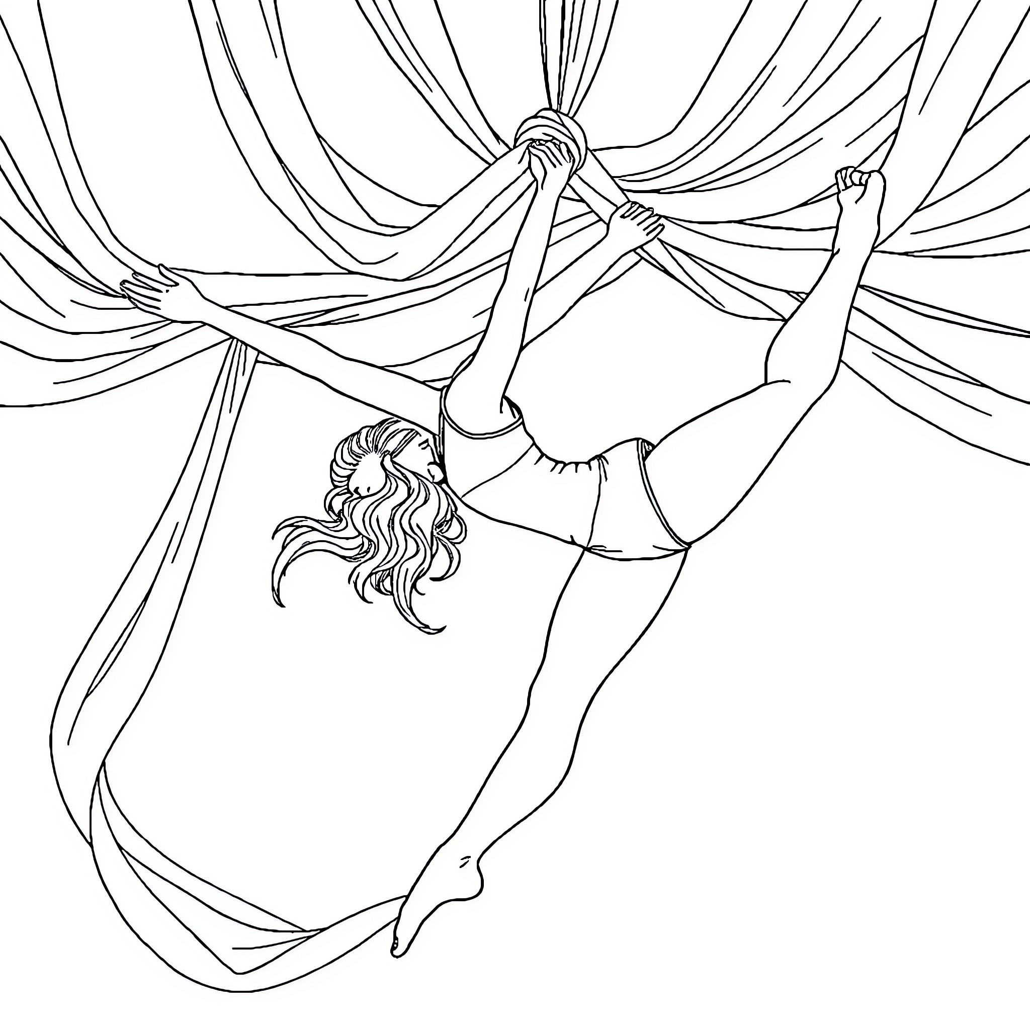 Girl swinging on aerial silks in performance Coloring Page (free black-and-white line drawing printable PDF for all, from beginners to advanced learners, including children, teens, adults, and seniors)