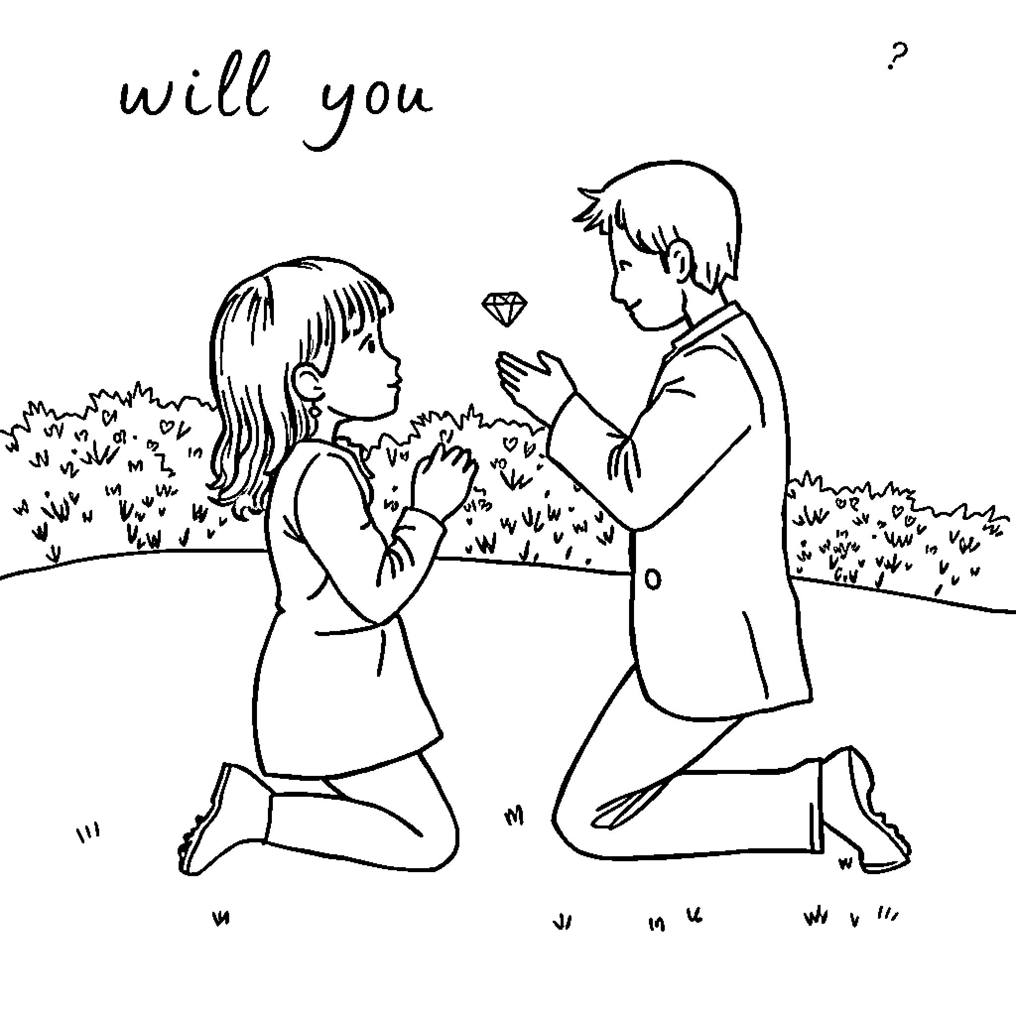 Proposal to marry in a natural setting Coloring Page (free black-and-white line drawing printable PDF for all, from beginners to advanced learners, including children, teens, adults, and seniors)