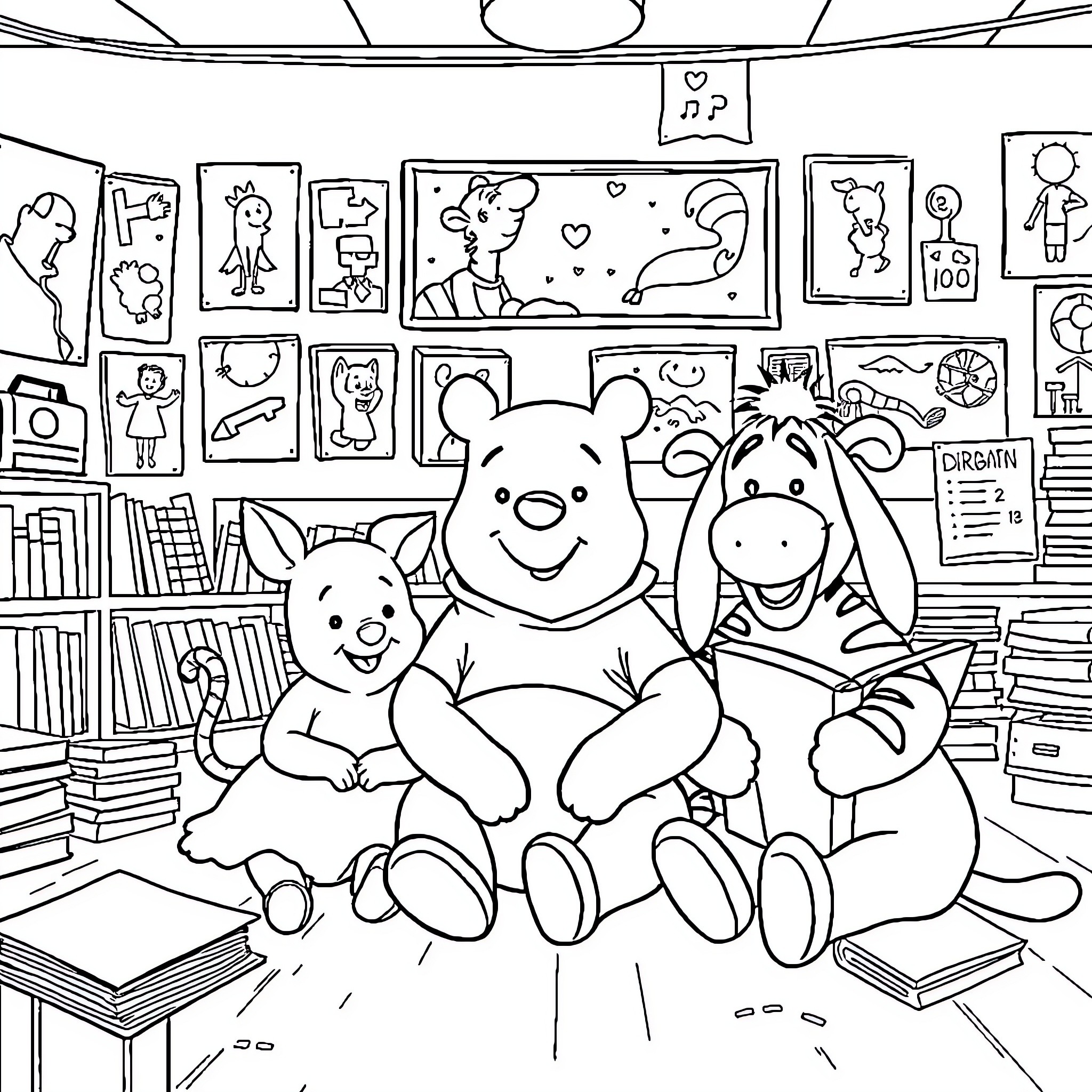 Winnie The Pooh and Friends Relaxing in the Study Coloring Page (free black-and-white line drawing printable PDF for all, from beginners to advanced learners, including children, teens, adults, and seniors)