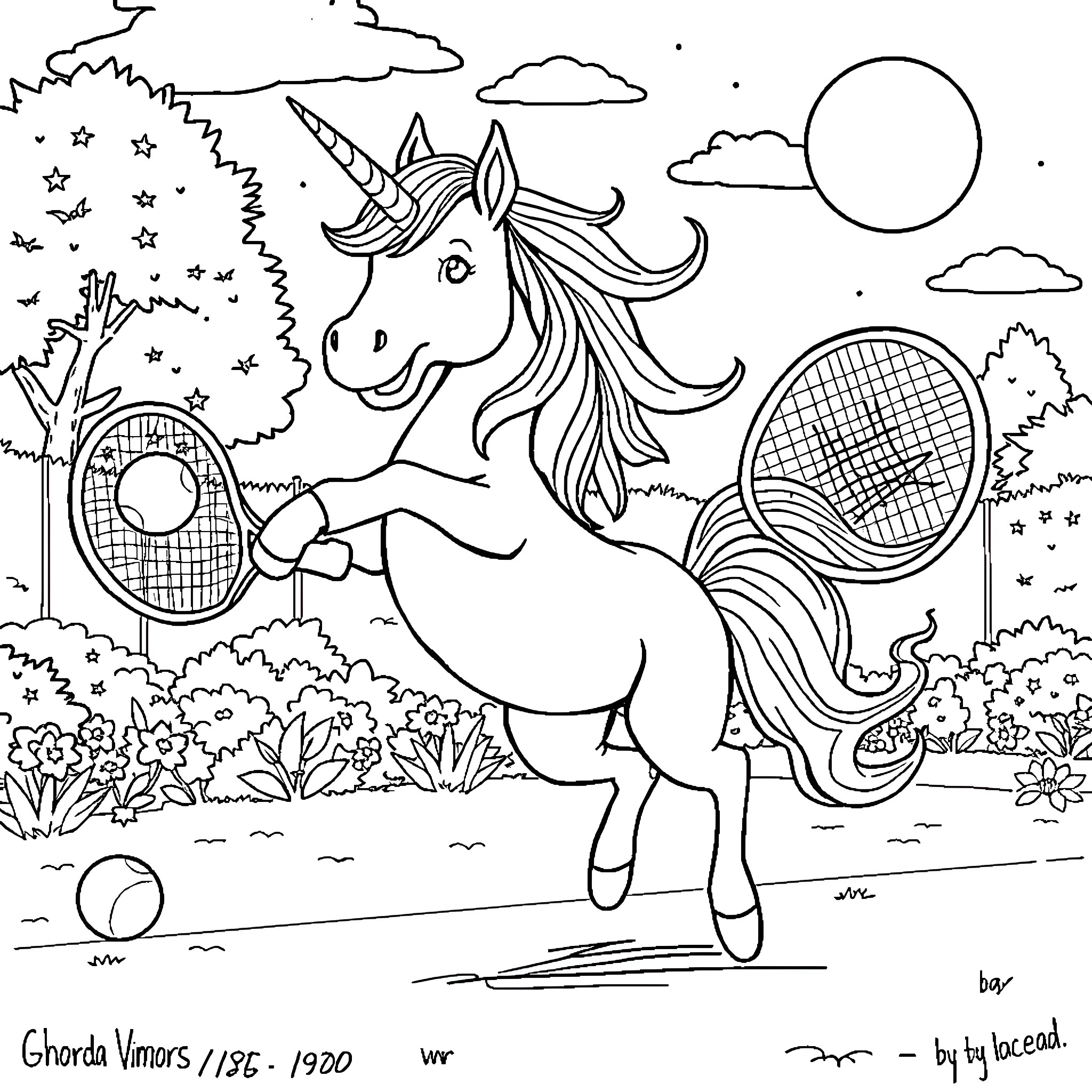 Unicorn playing tennis in a magical garden Coloring Page (free black-and-white line drawing printable PDF for all, from beginners to advanced learners, including children, teens, adults, and seniors)