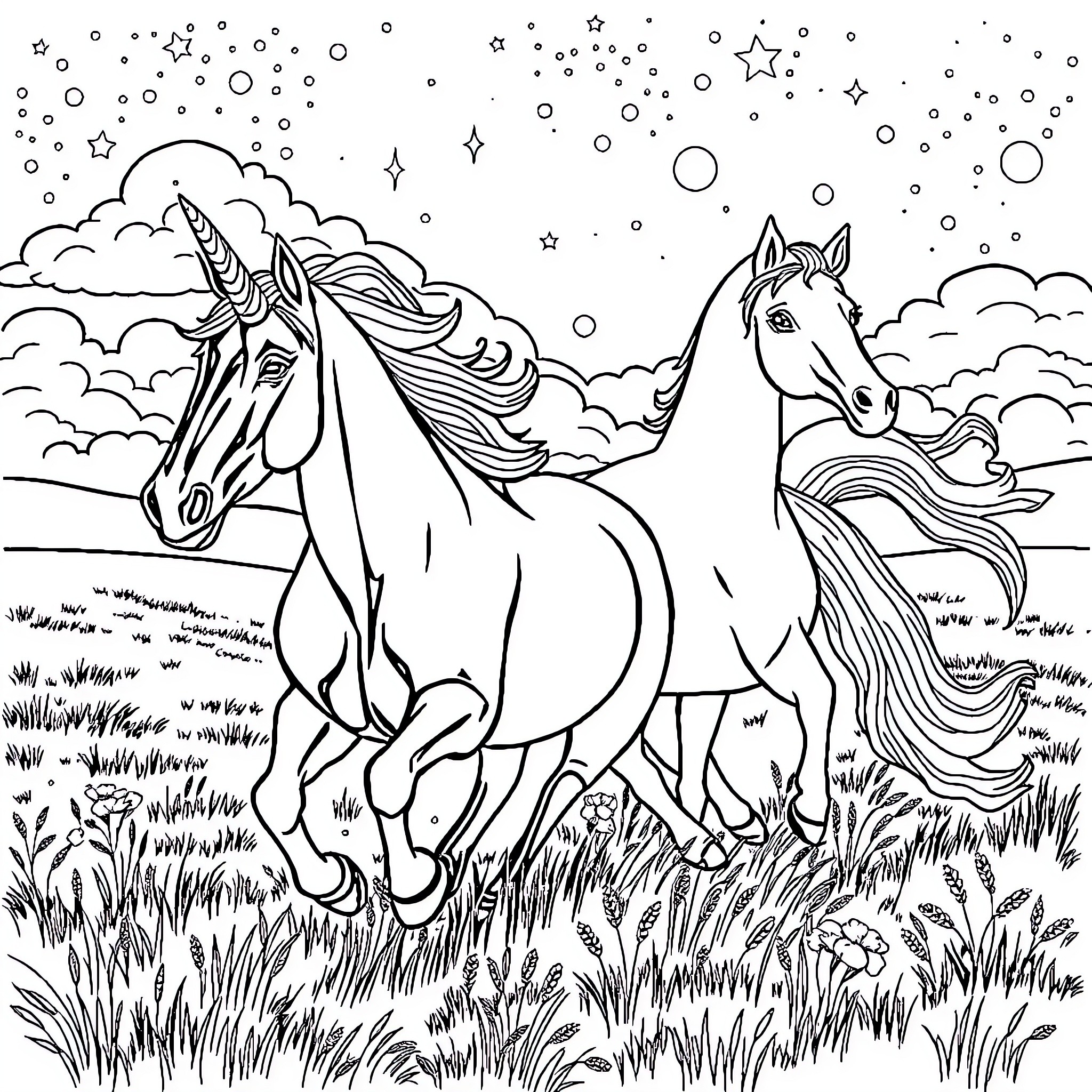 Unicorn and Horse Galloping Through a Magical Landscape Coloring Page (free black-and-white line drawing printable PDF for all, from beginners to advanced learners, including children, teens, adults, and seniors)