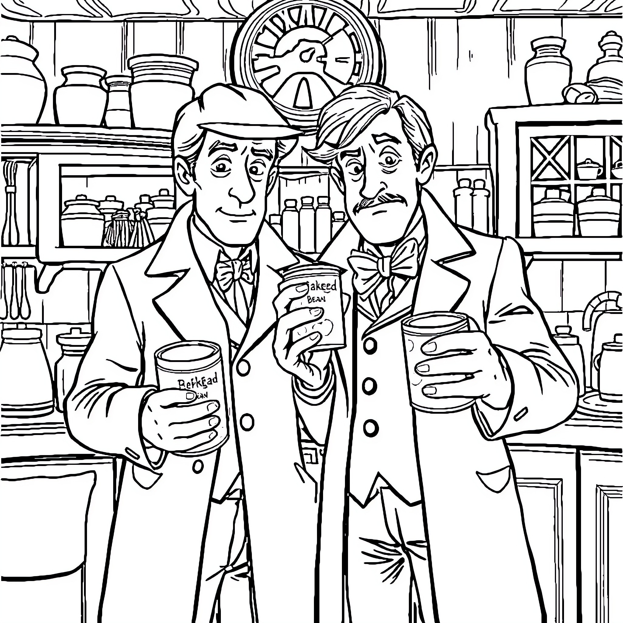 Sherlock Holmes and Dr. Watson in the Bakery Coloring Page (free black-and-white line drawing printable PDF for all, from beginners to advanced learners, including children, teens, adults, and seniors)