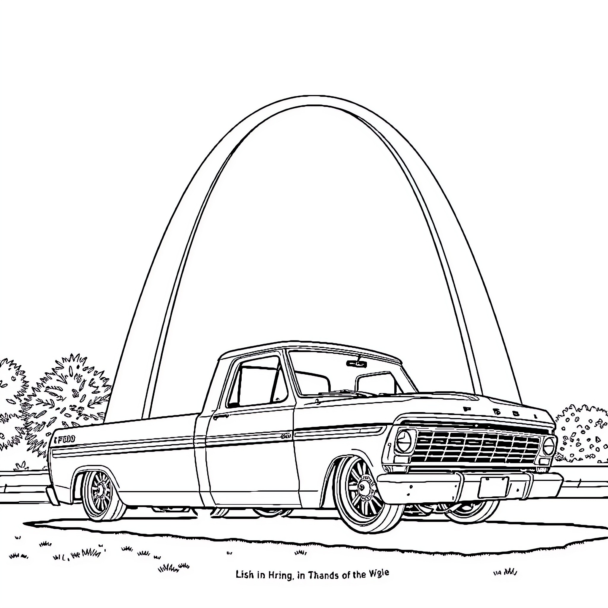 F100 Vintage Pickup Truck in Scenic Landscape Coloring Page (free black-and-white line drawing printable PDF for all, from beginners to advanced learners, including children, teens, adults, and seniors)