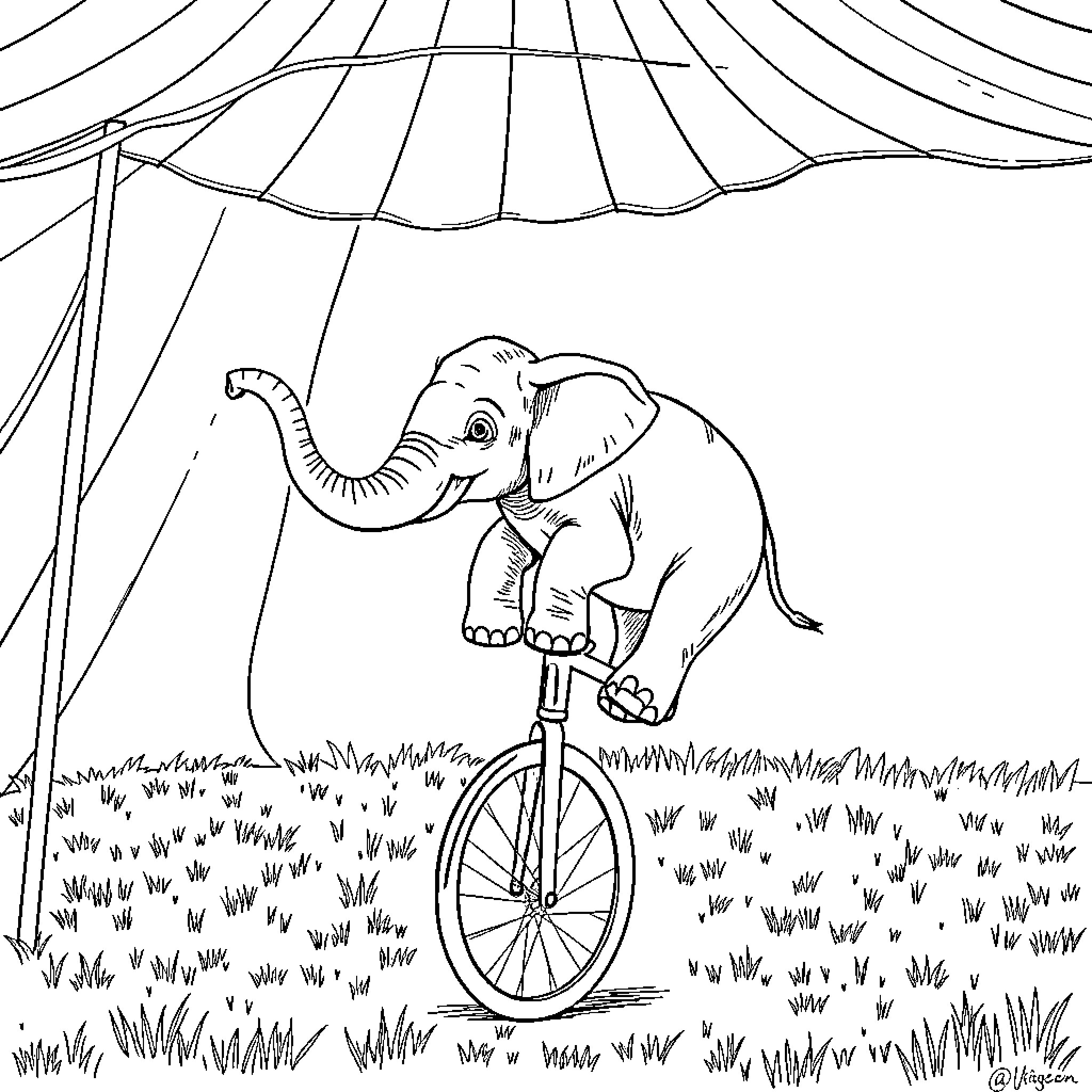 Elephant Performing Circus Trick on Unicycle Coloring Page (free black-and-white line drawing printable PDF for all, from beginners to advanced learners, including children, teens, adults, and seniors)