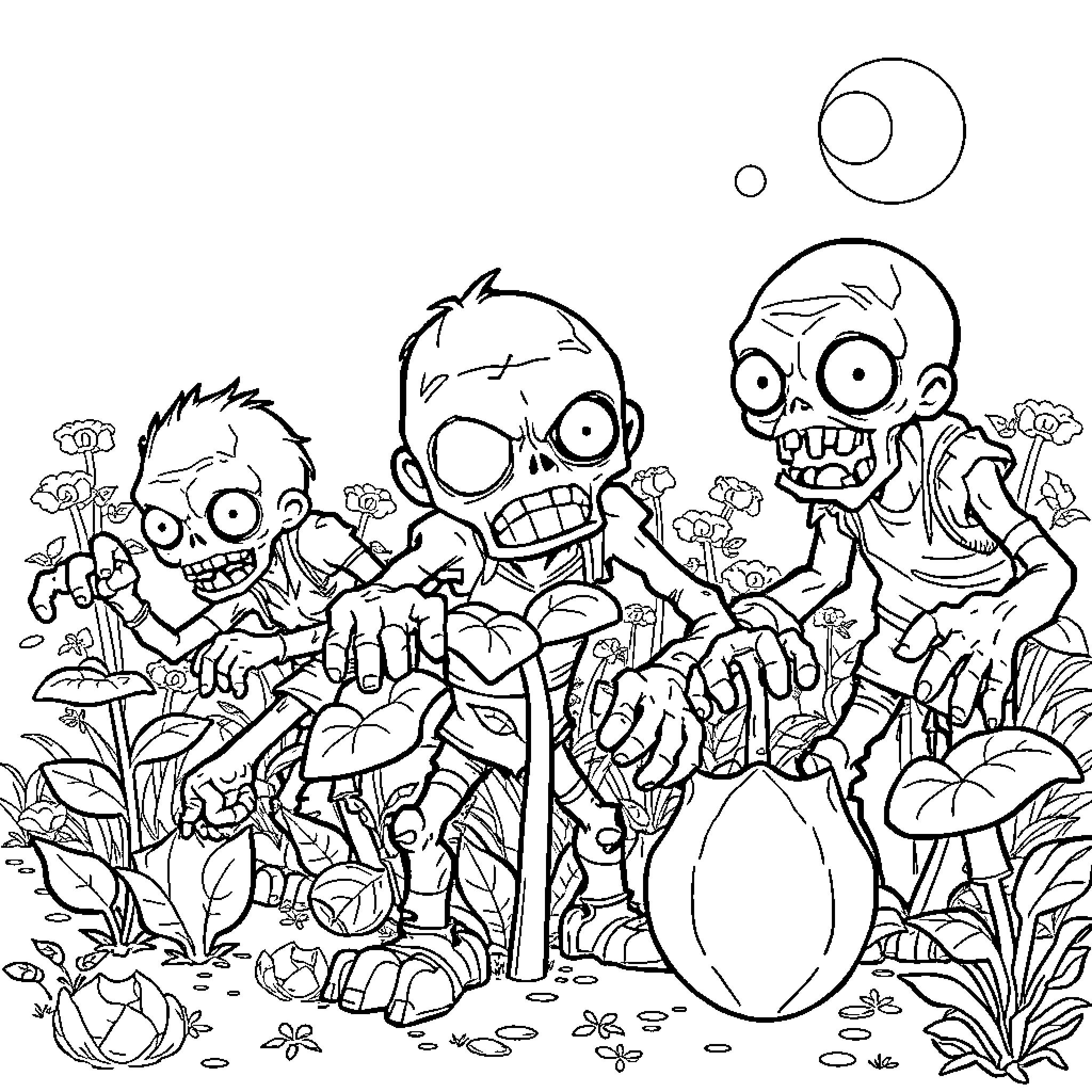 Plant-themed Zombie Gathering in a Whimsical Garden Coloring Page (free black-and-white line drawing printable PDF for all, from beginners to advanced learners, including children, teens, adults, and seniors)