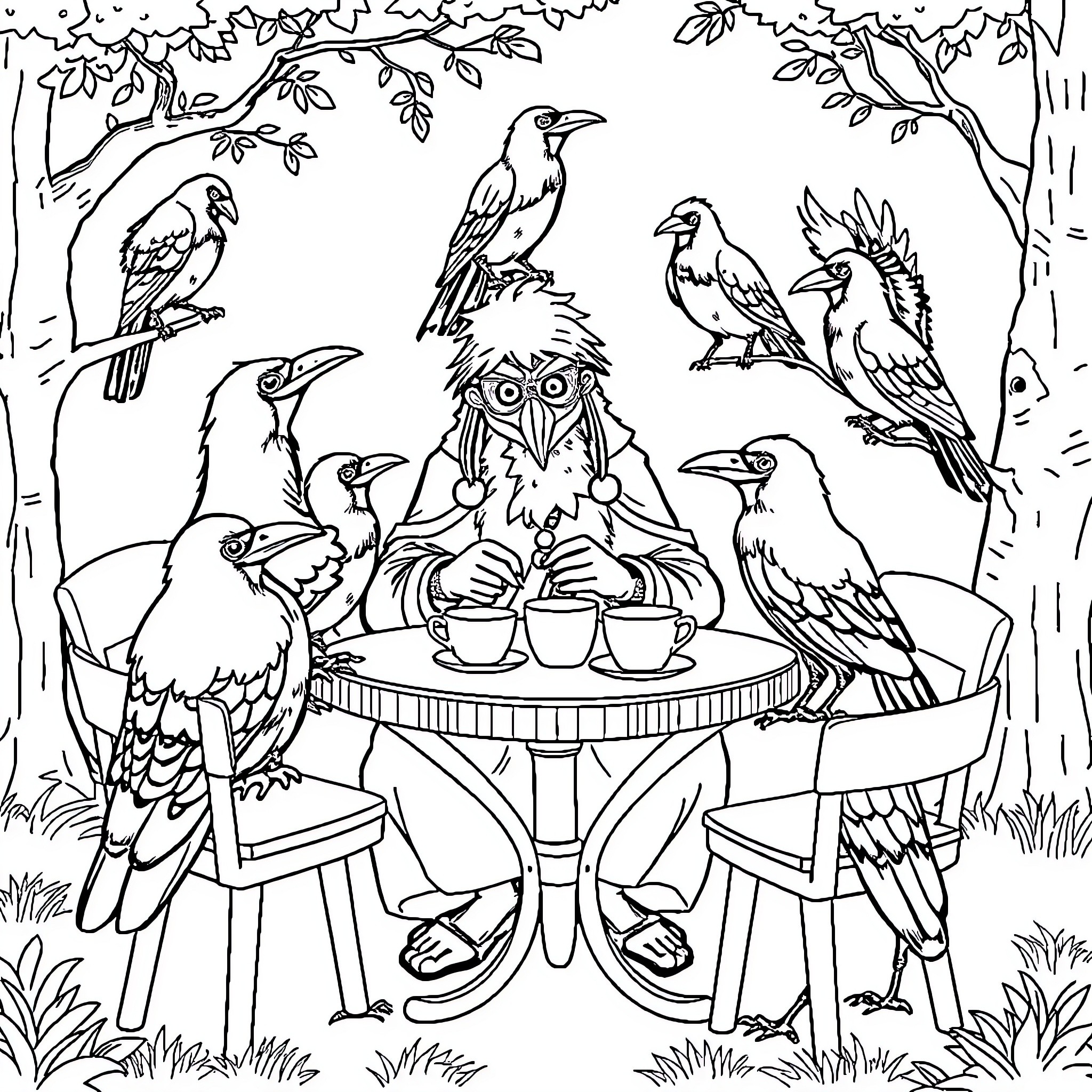 Itachi's Woodland Cafe with Feathered Friends Coloring Page (free black-and-white line drawing printable PDF for all, from beginners to advanced learners, including children, teens, adults, and seniors)
