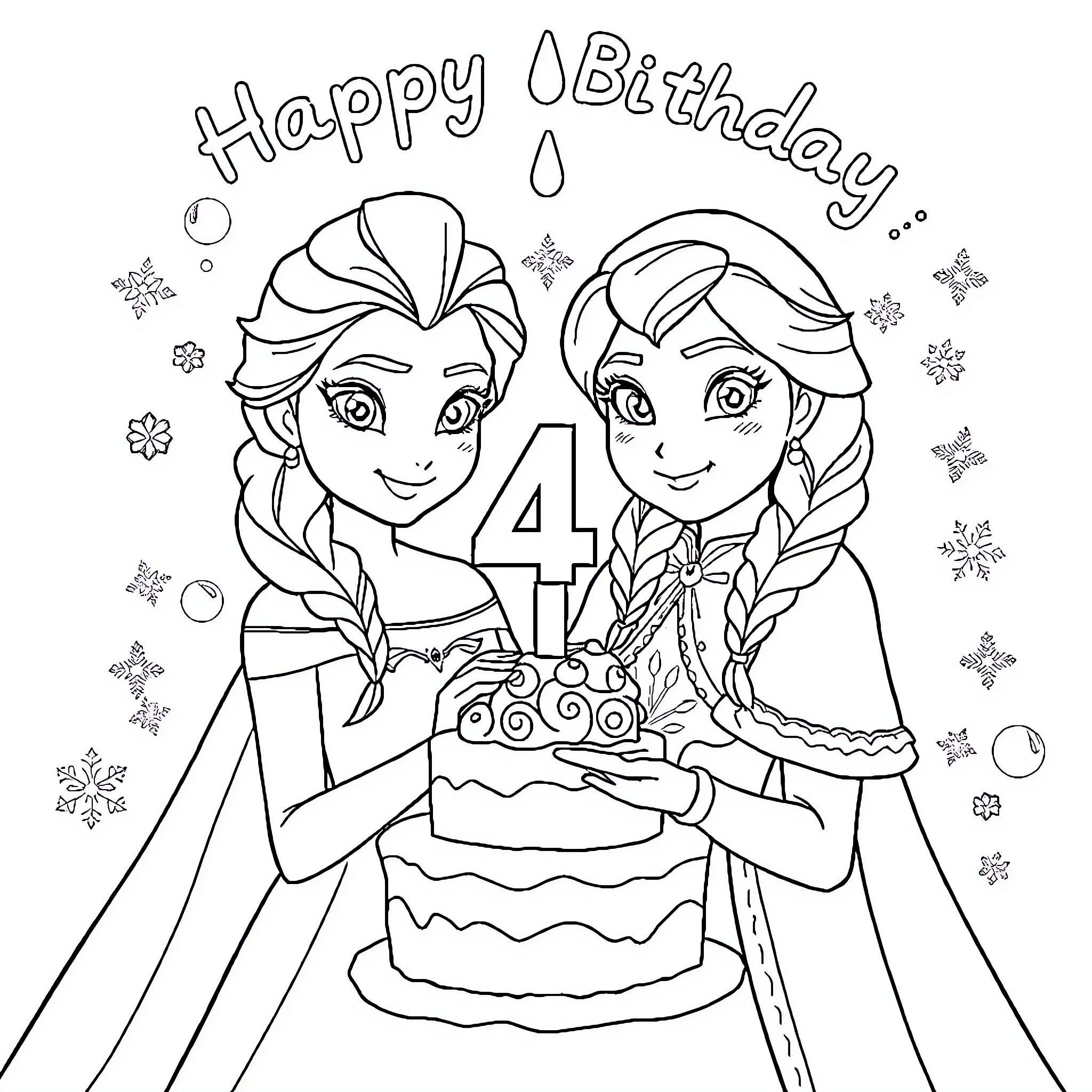 Frozen sisters celebrating 4th birthday with cake Coloring Page (free black-and-white line drawing printable PDF for all, from beginners to advanced learners, including children, teens, adults, and seniors)
