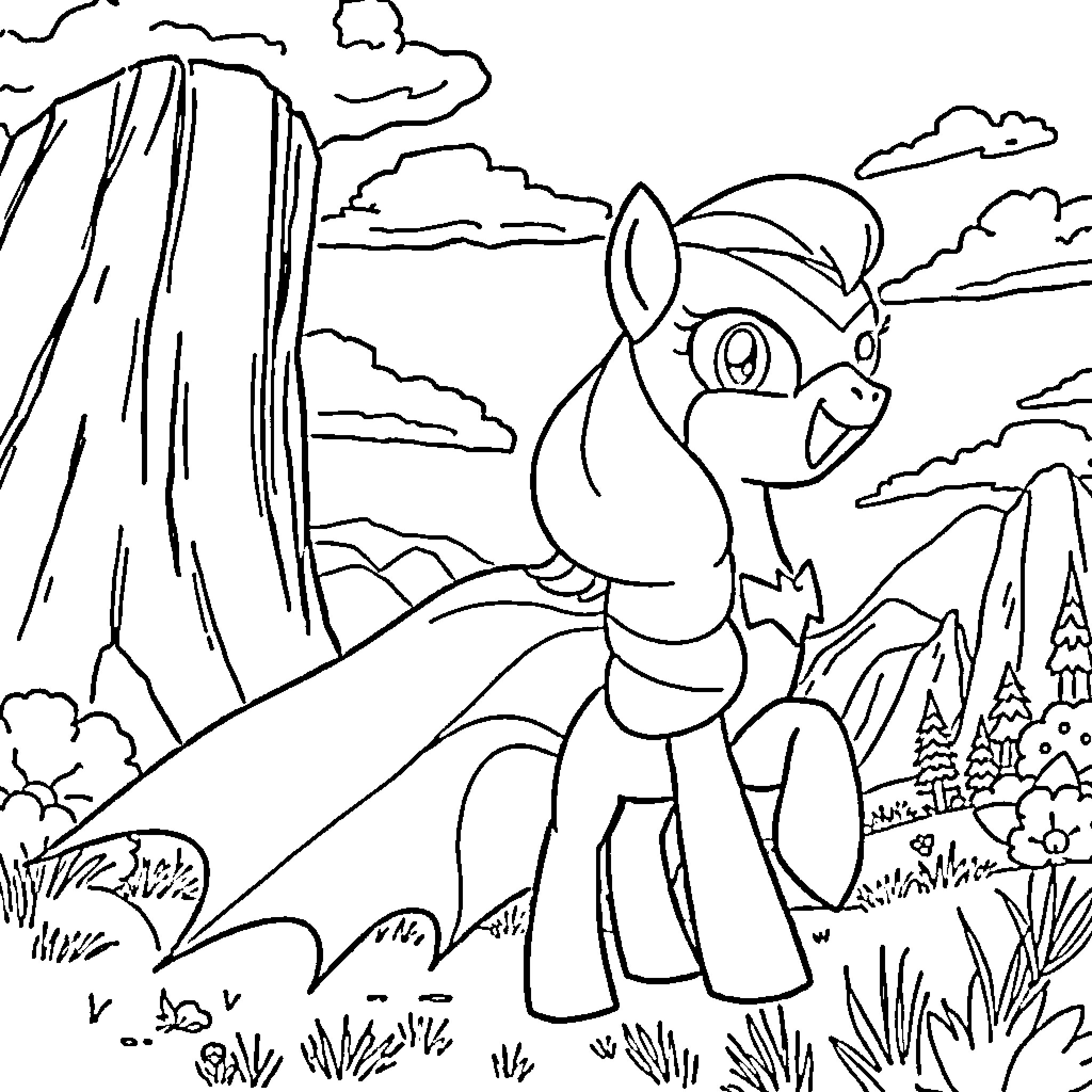 Pinkie Pie Explores the Enchanted Landscape Coloring Page (free black-and-white line drawing printable PDF for all, from beginners to advanced learners, including children, teens, adults, and seniors)