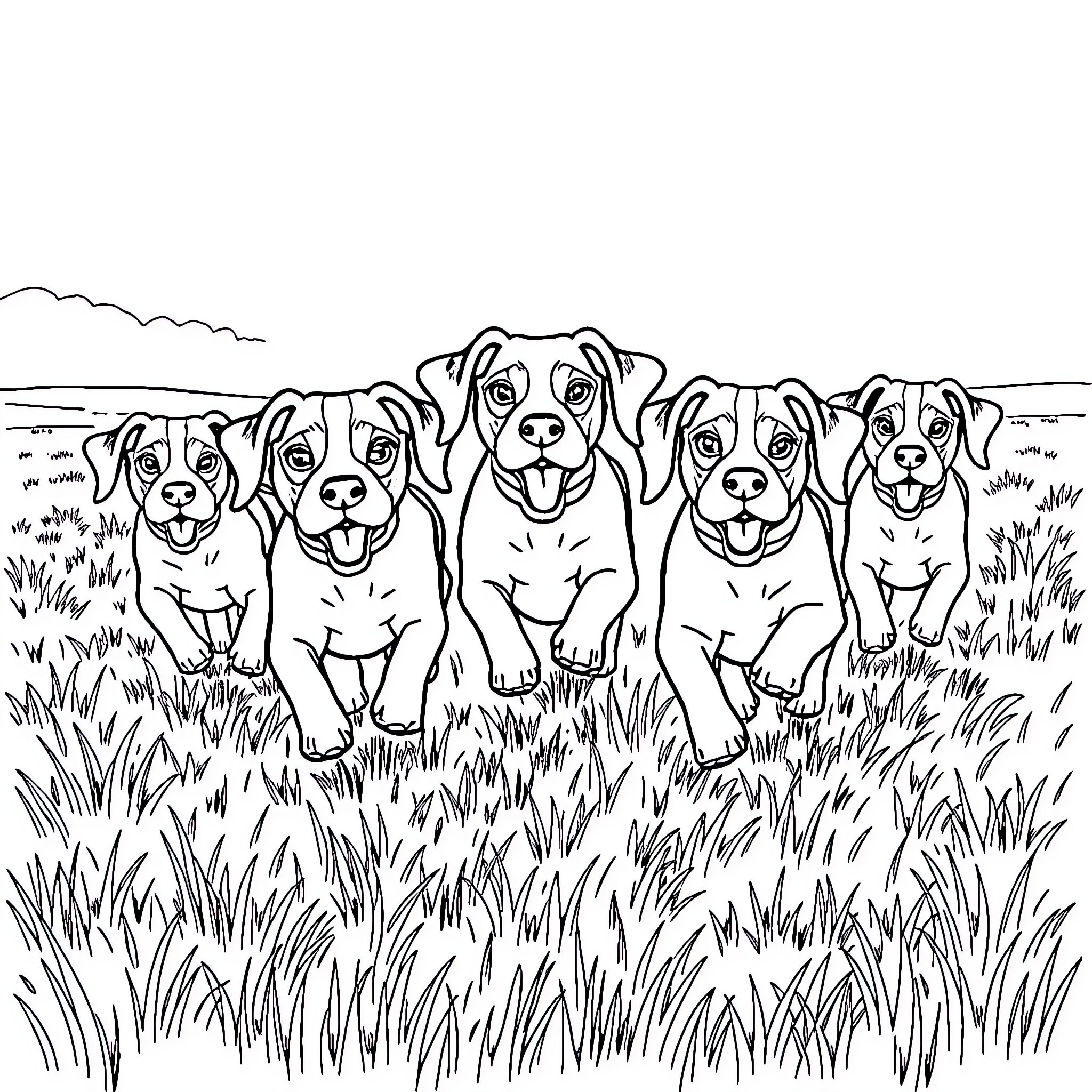 Beagle pack running and playing in field Coloring Page (free black-and-white line drawing printable PDF for all, from beginners to advanced learners, including children, teens, adults, and seniors)