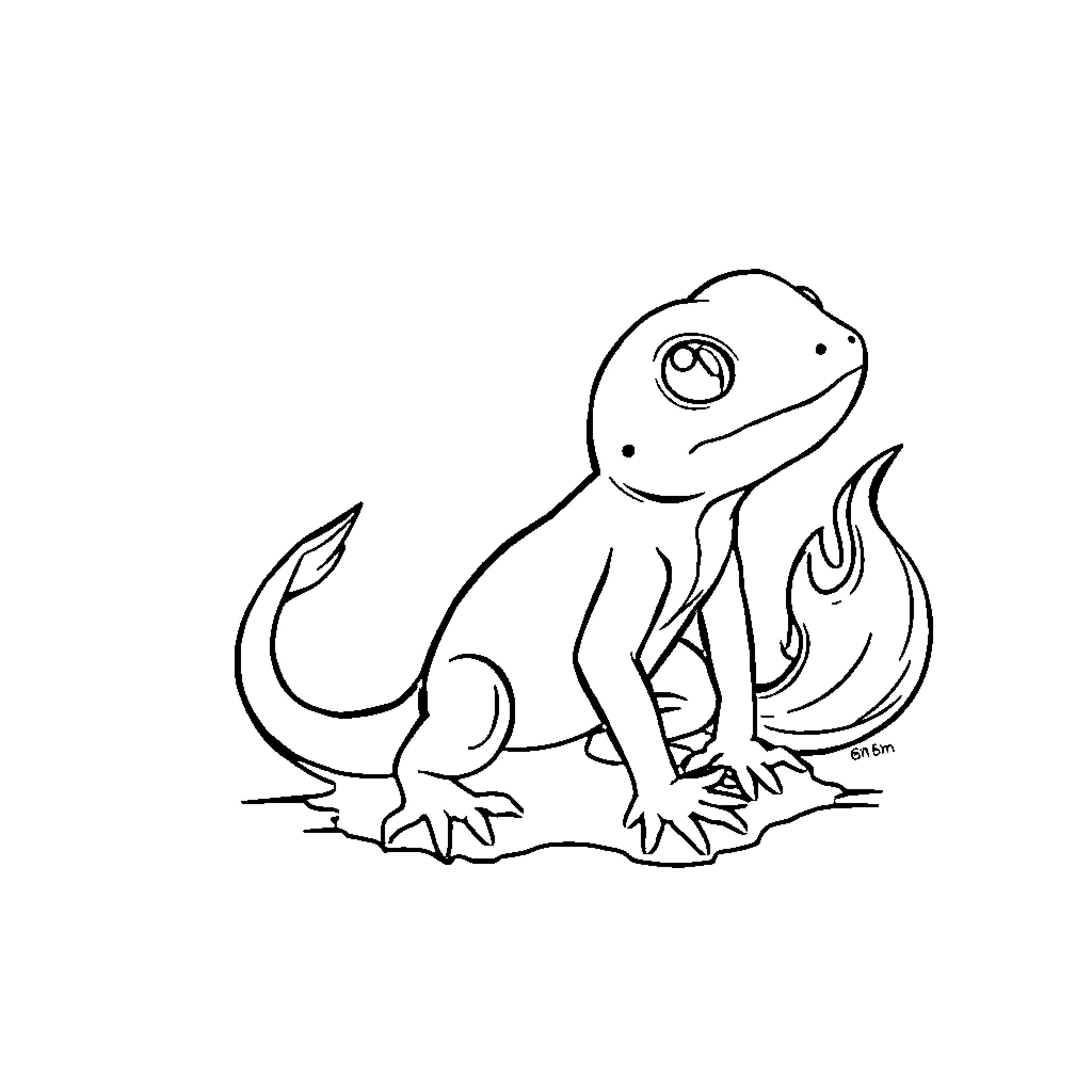 Charmander sitting on the ground Coloring Page (free black-and-white line drawing printable PDF for all, from beginners to advanced learners, including children, teens, adults, and seniors)
