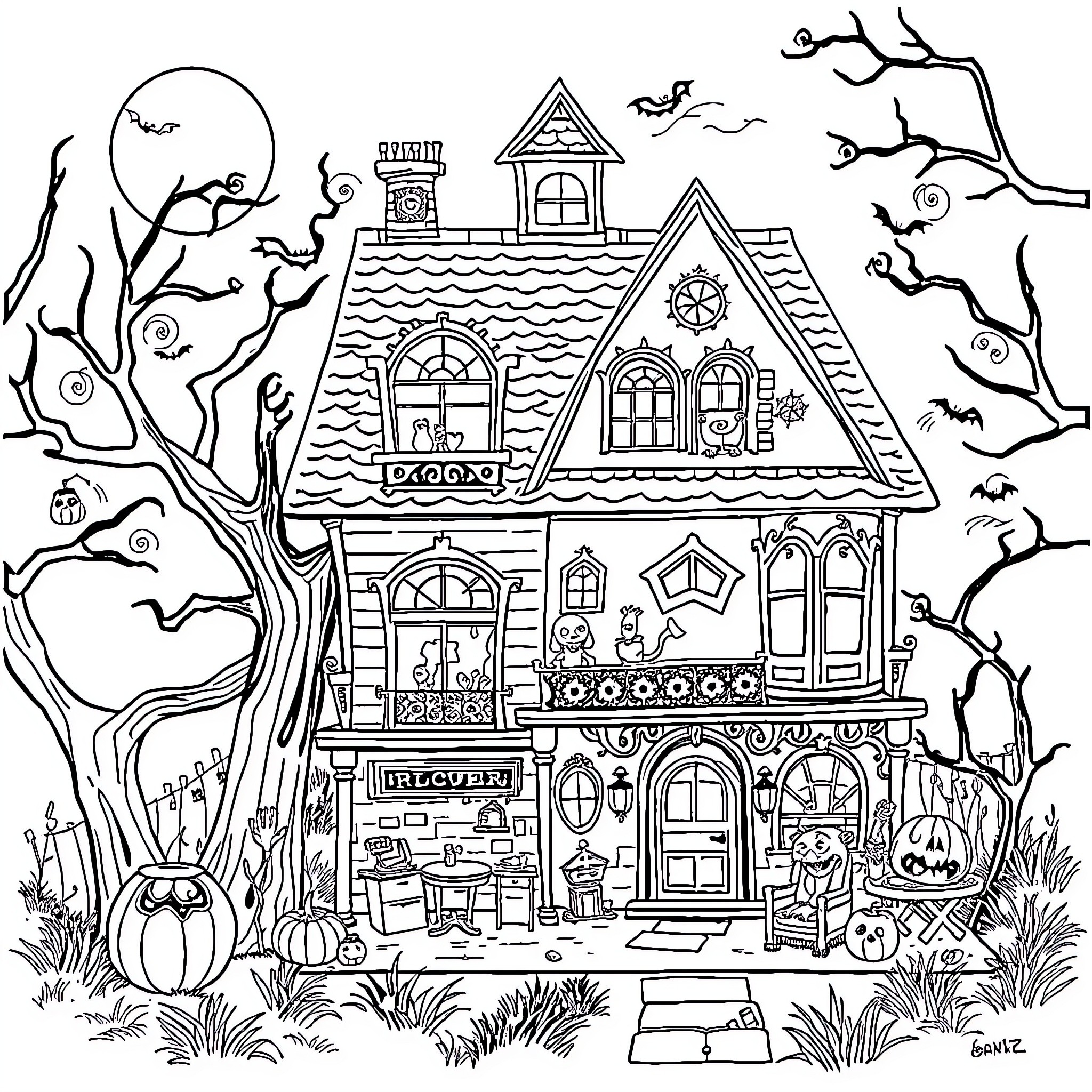 Gabby's Spooky Halloween House Coloring Page (free black-and-white line drawing printable PDF for all, from beginners to advanced learners, including children, teens, adults, and seniors)