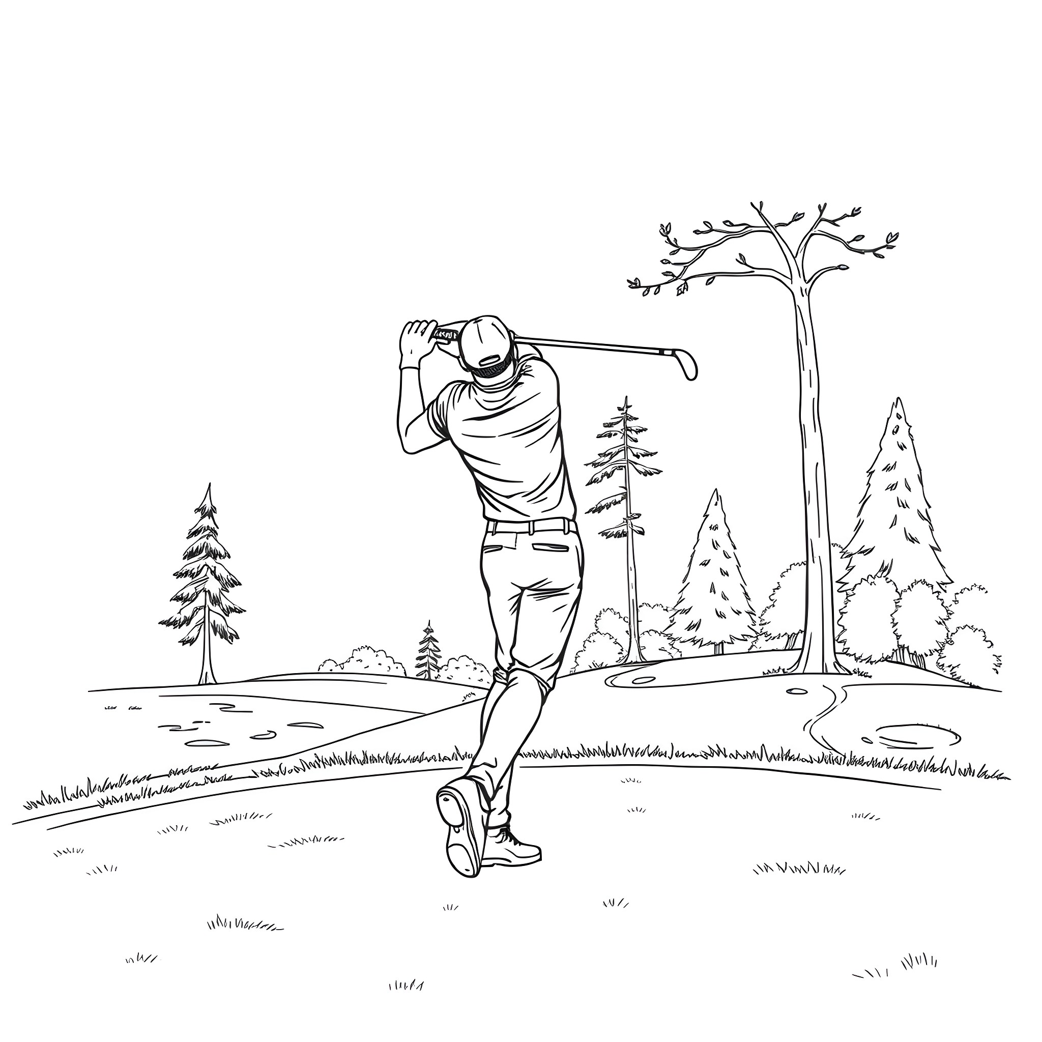 Golf player in scenic outdoor environment Coloring Page (free black-and-white line drawing printable PDF for all, from beginners to advanced learners, including children, teens, adults, and seniors)