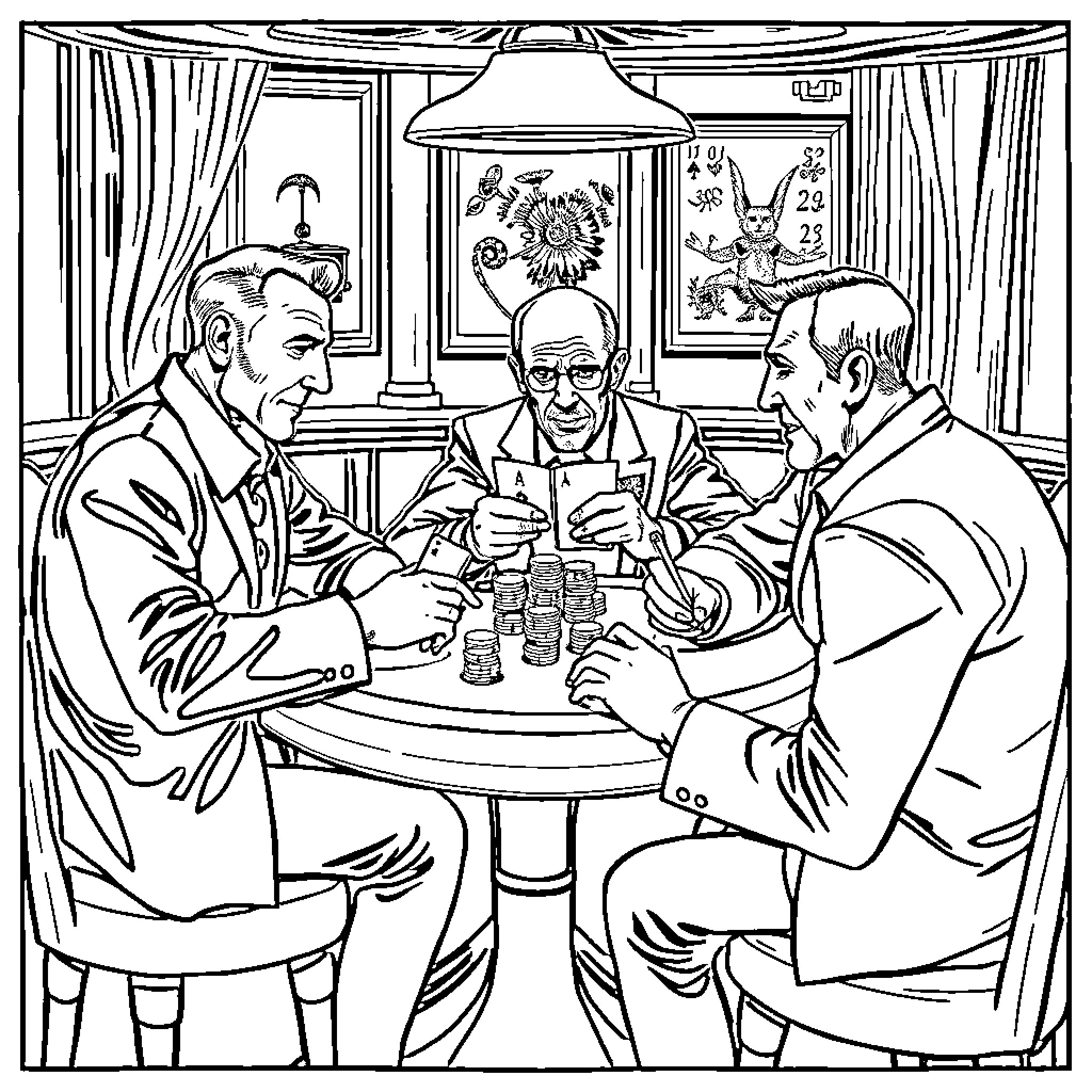 David Lister discusses business with colleagues in a formal setting Coloring Page (free black-and-white line drawing printable PDF for all, from beginners to advanced learners, including children, teens, adults, and seniors)