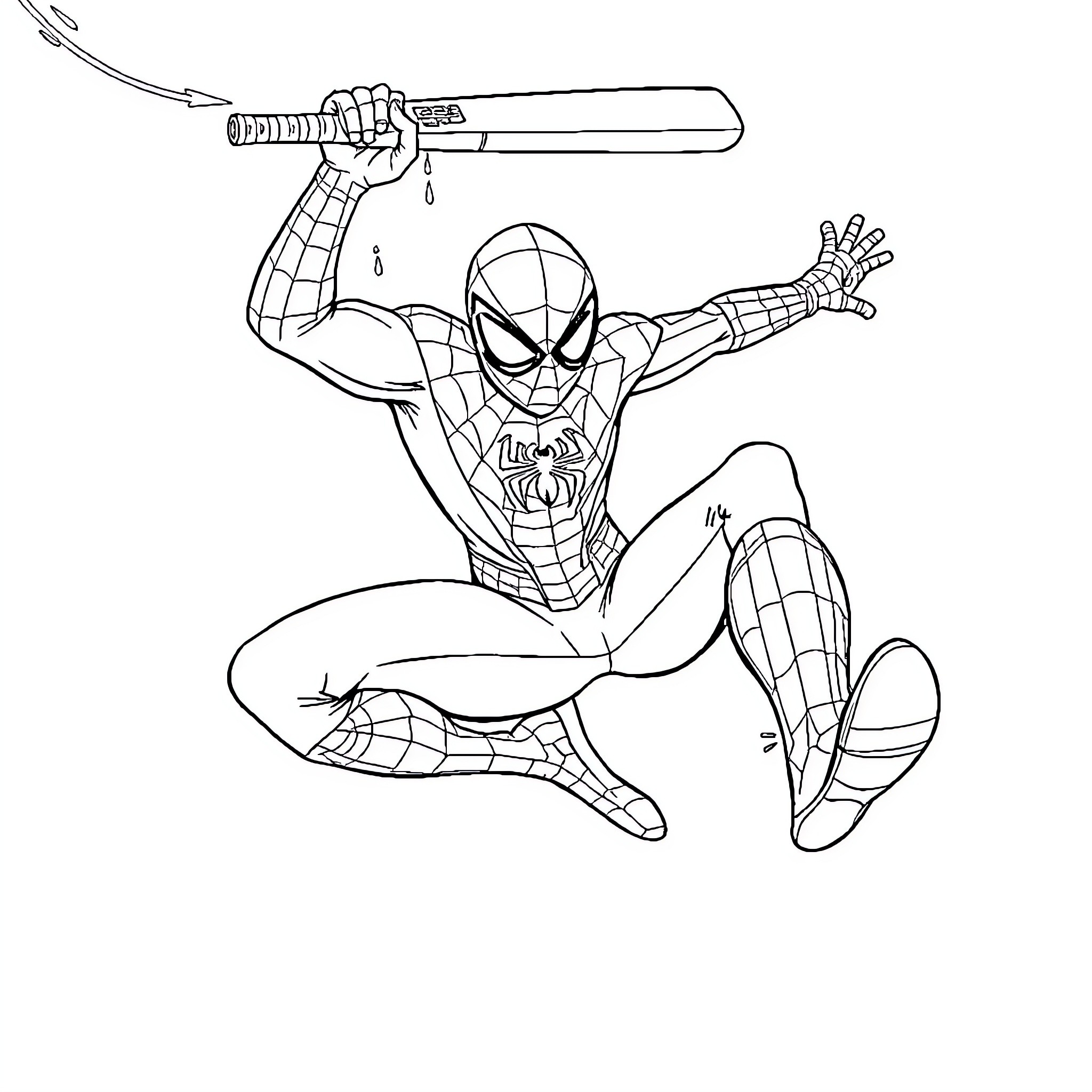 Spiderman swinging with web-slinging action Coloring Page (free black-and-white line drawing printable PDF for all, from beginners to advanced learners, including children, teens, adults, and seniors)
