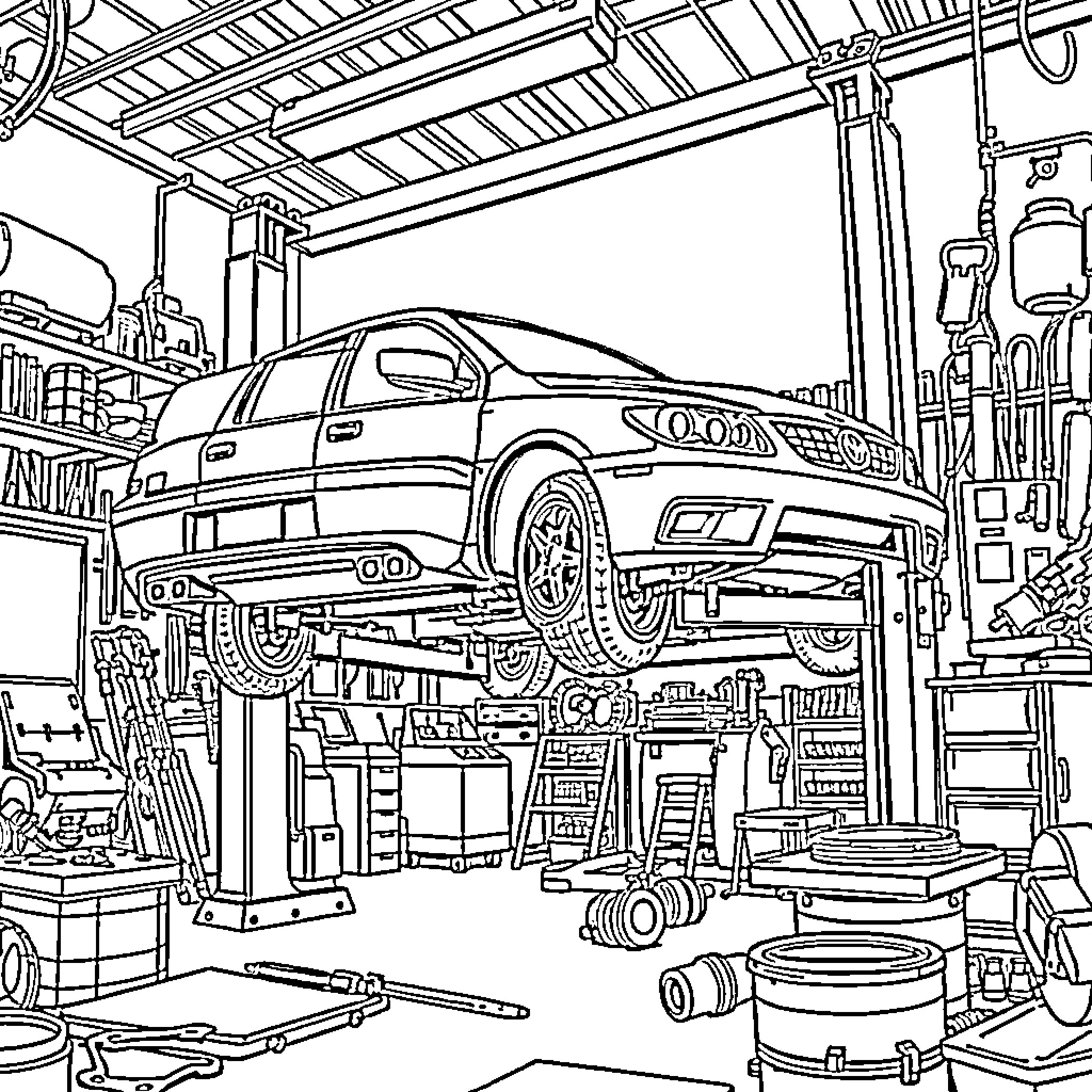 Car Repair Shop with Lifted Vehicle and Tools Coloring Page (free black-and-white line drawing printable PDF for all, from beginners to advanced learners, including children, teens, adults, and seniors)