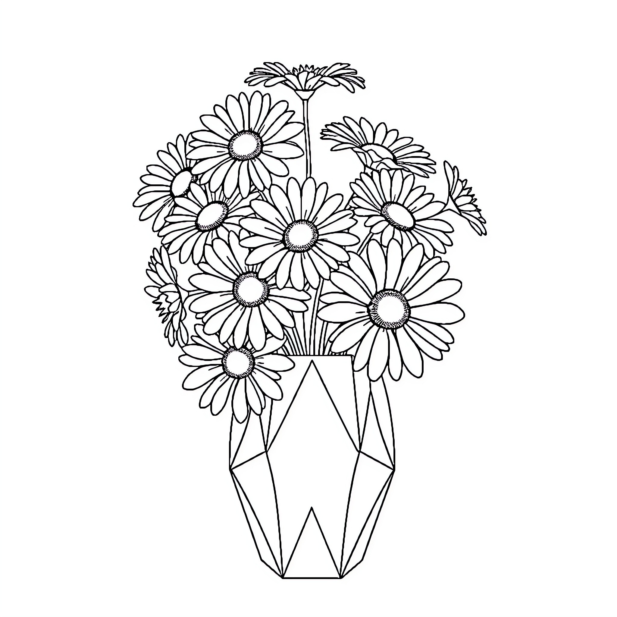 Daisy flowers in a geometric vase Coloring Page (free black-and-white line drawing printable PDF for all, from beginners to advanced learners, including children, teens, adults, and seniors)