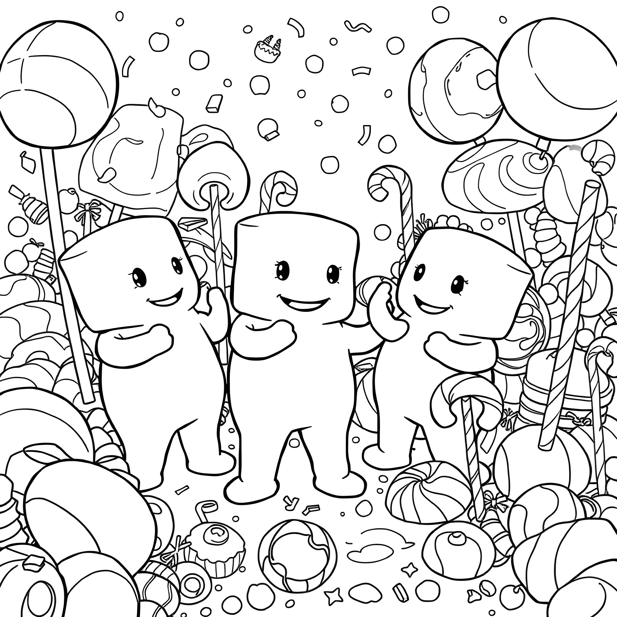 Marshmallow Man having fun with friends in a whimsical scene Coloring Page (free black-and-white line drawing printable PDF for all, from beginners to advanced learners, including children, teens, adults, and seniors)