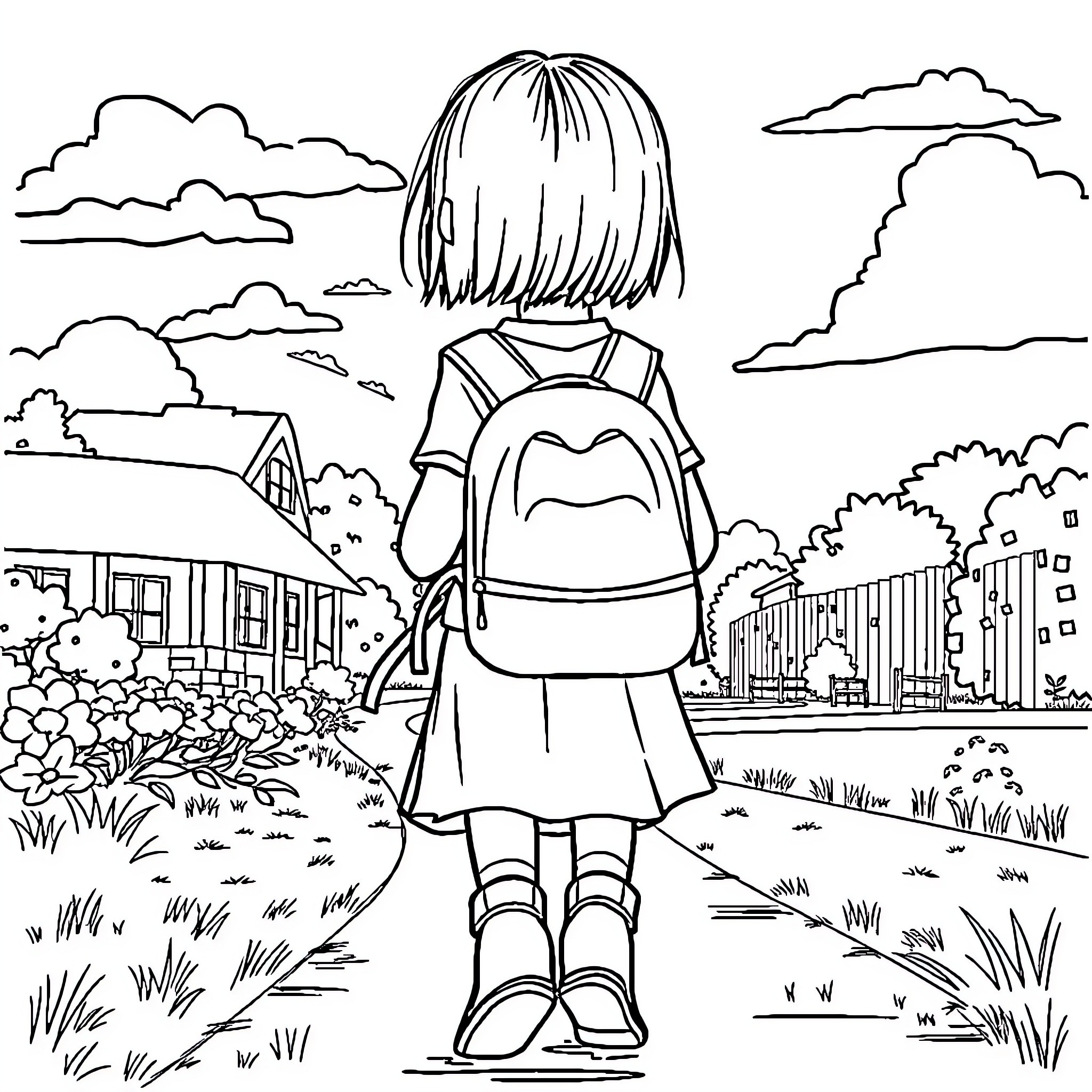 Girl exploring the city with backpack Coloring Page (free black-and-white line drawing printable PDF for all, from beginners to advanced learners, including children, teens, adults, and seniors)